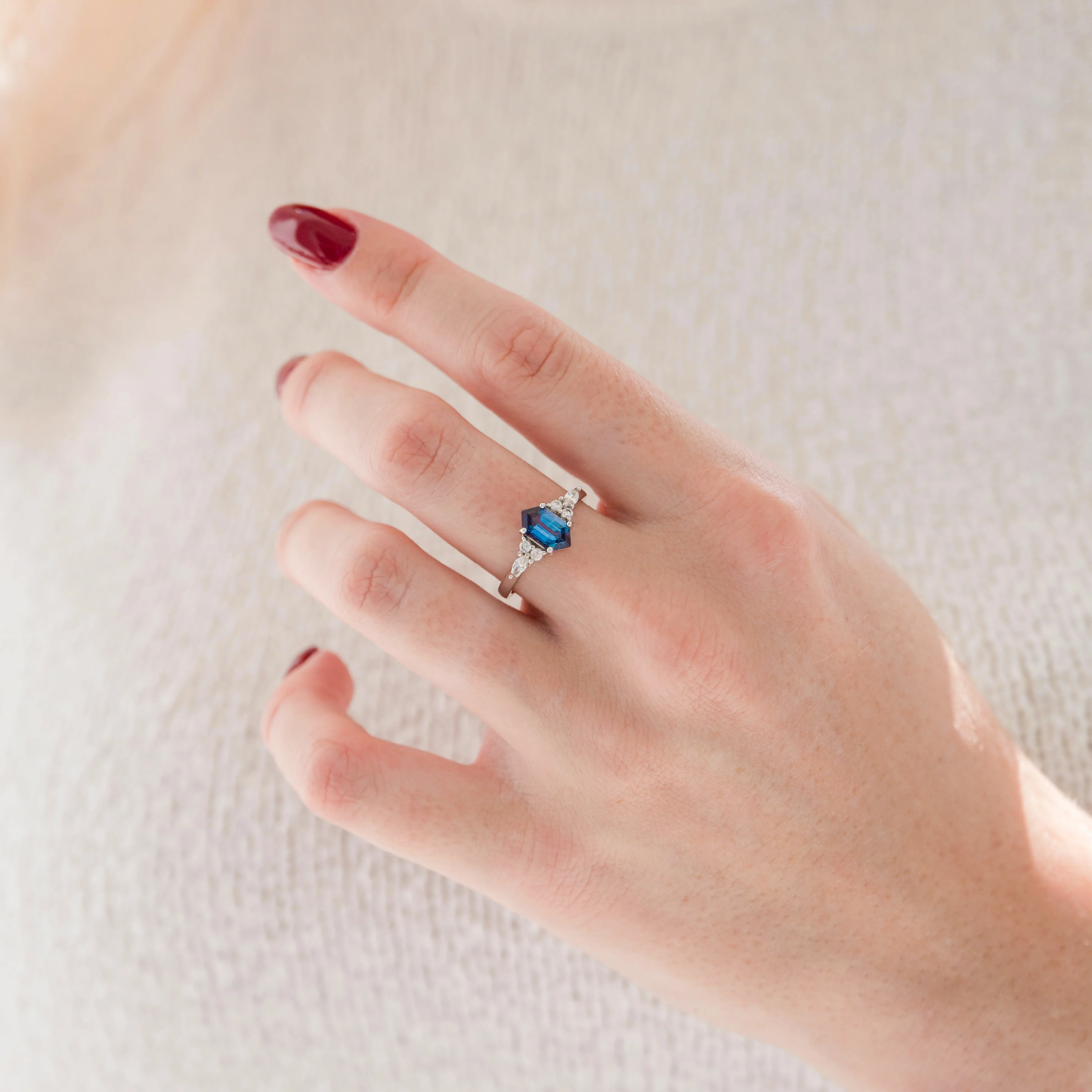 Sonnet Hexagon Cut Alexandrite Engagement Ring in 14K White Gold - Image 5