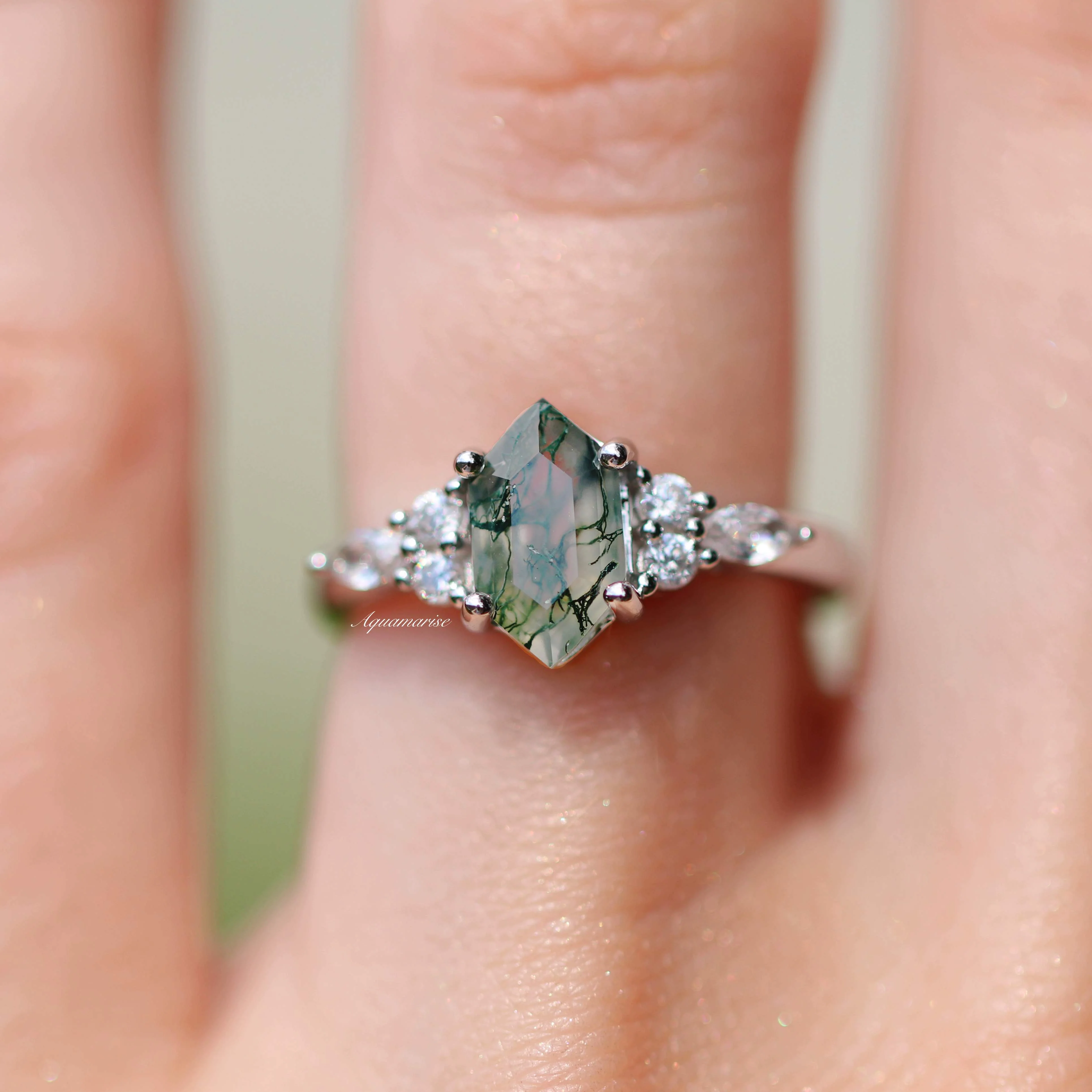 Sonnet Hexagon Green Moss Agate Ring in Sterling Silver - Image 2