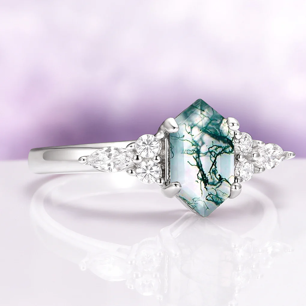 Sonnet Hexagon Green Moss Agate Ring in Sterling Silver - Image 4