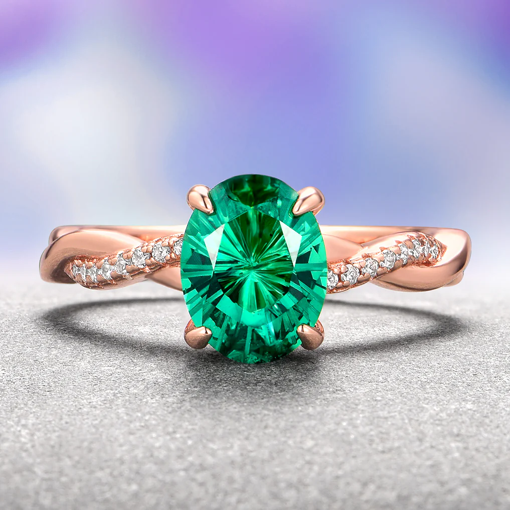 Sophia Fireworks Cut Emerald Engagement Ring in 14K Solid Rose Gold