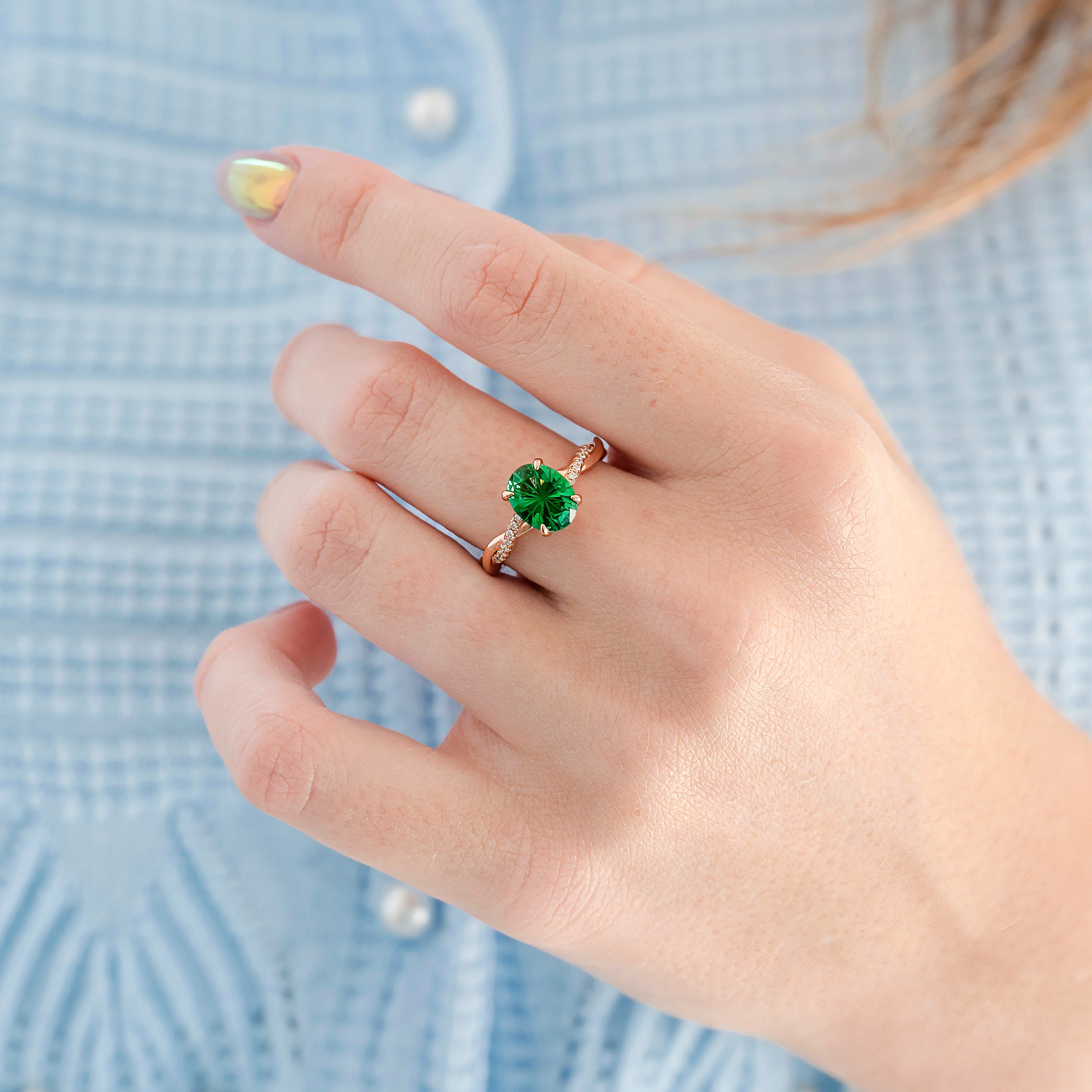 Sophia Fireworks Cut Emerald Engagement Ring in 14K Solid Rose Gold - Image 2