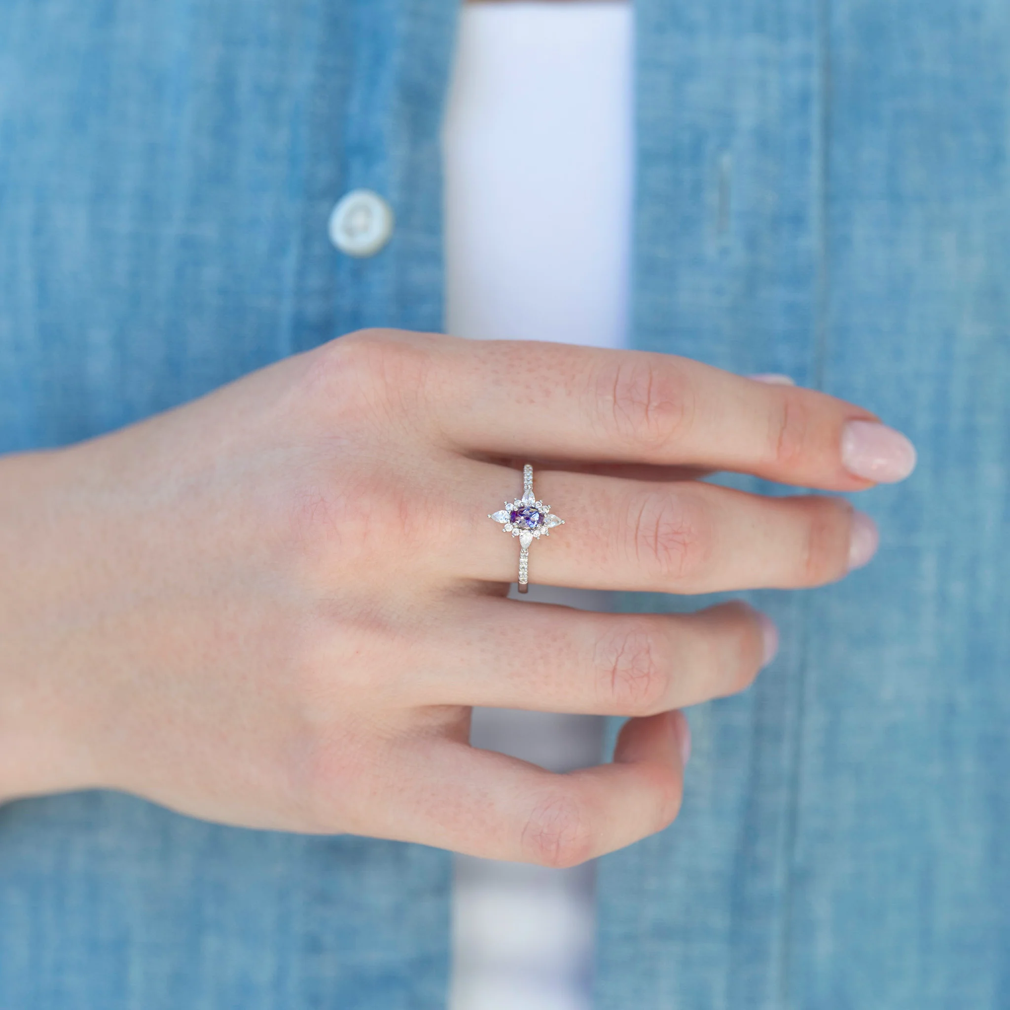 Starburst Alexandrite Engagement Ring in 14K White Gold - Image 2