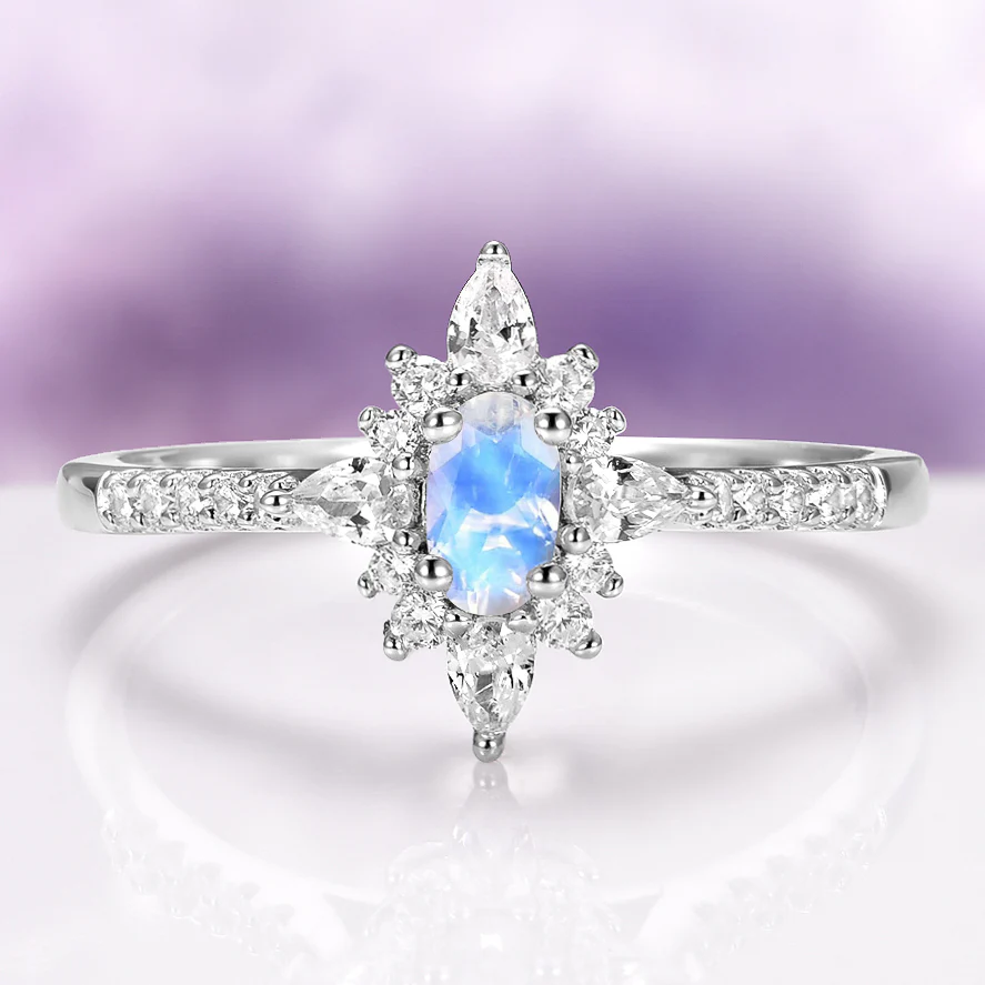 Starburst Natural Moonstone Engagement Ring in 14K White Gold