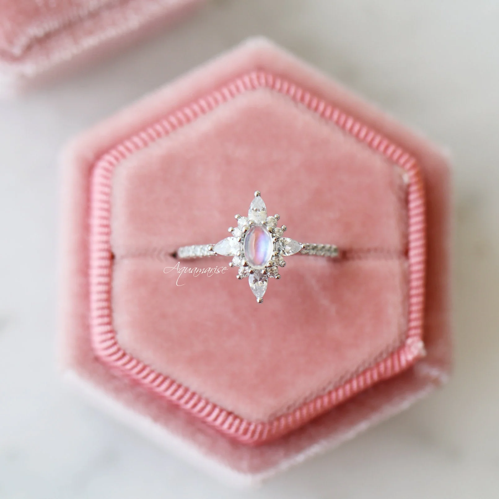 Starburst Natural Moonstone Engagement Ring in 14K White Gold - Image 2