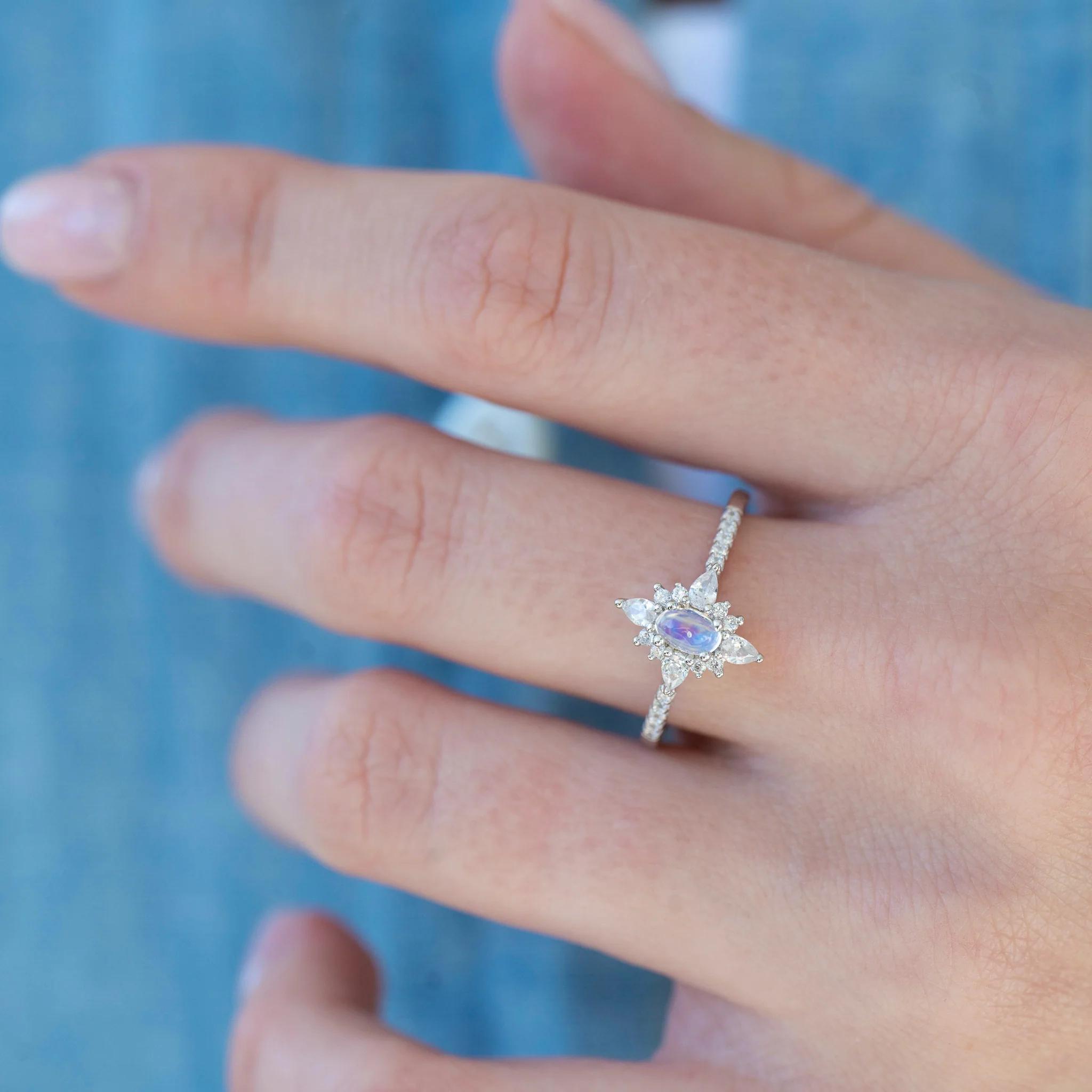 Starburst Natural Moonstone Engagement Ring in 14K White Gold - Image 3