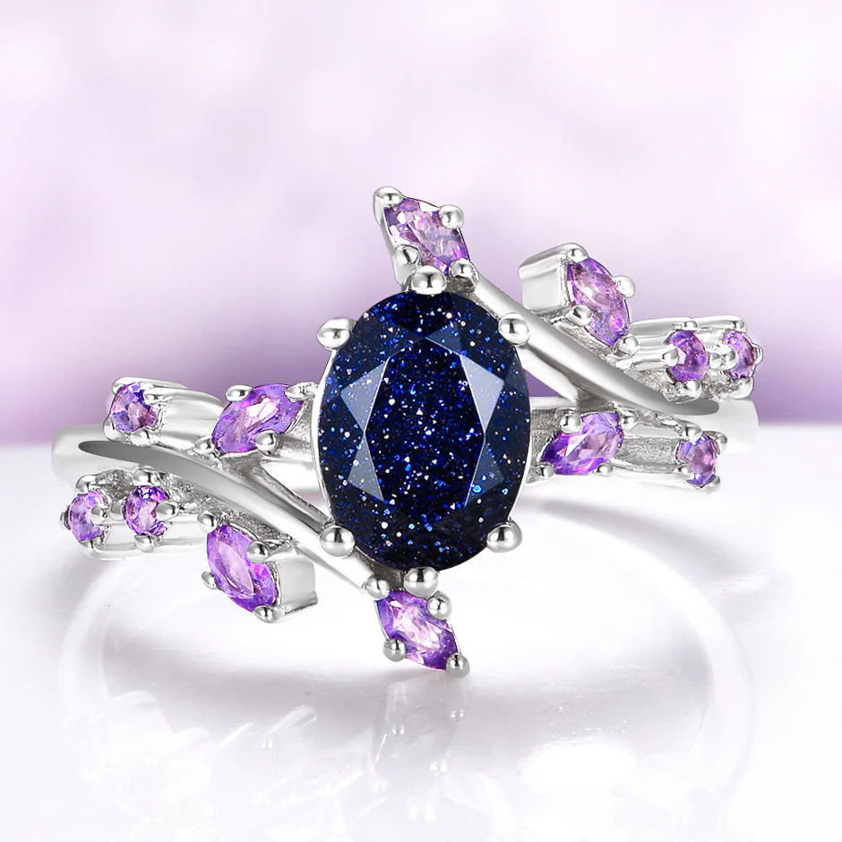 Starry Night™ & Amethyst Galaxy Leaf Ring in Sterling Silver