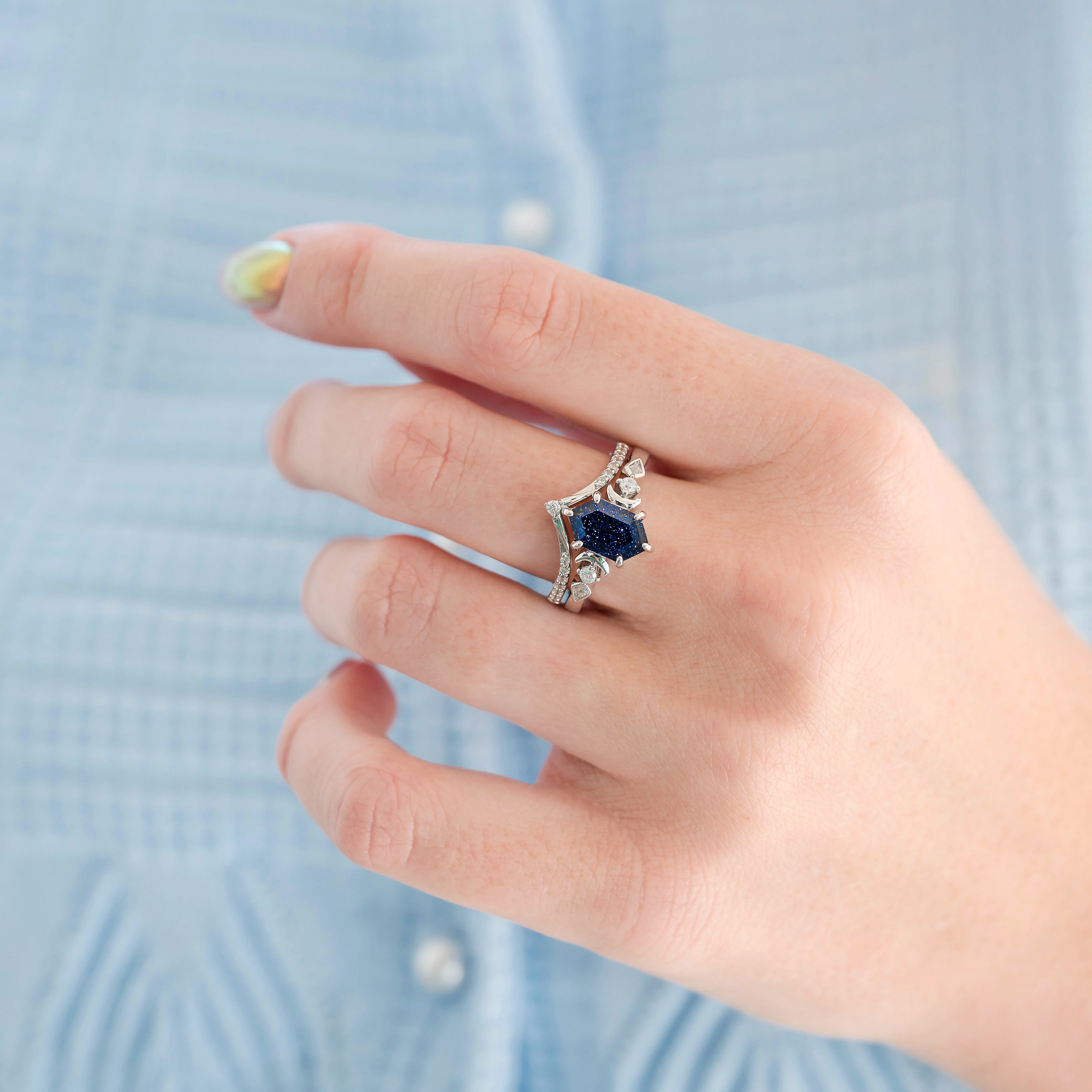 Elara Starry Night and Crescent Moon Couples Ring Set - Image 6
