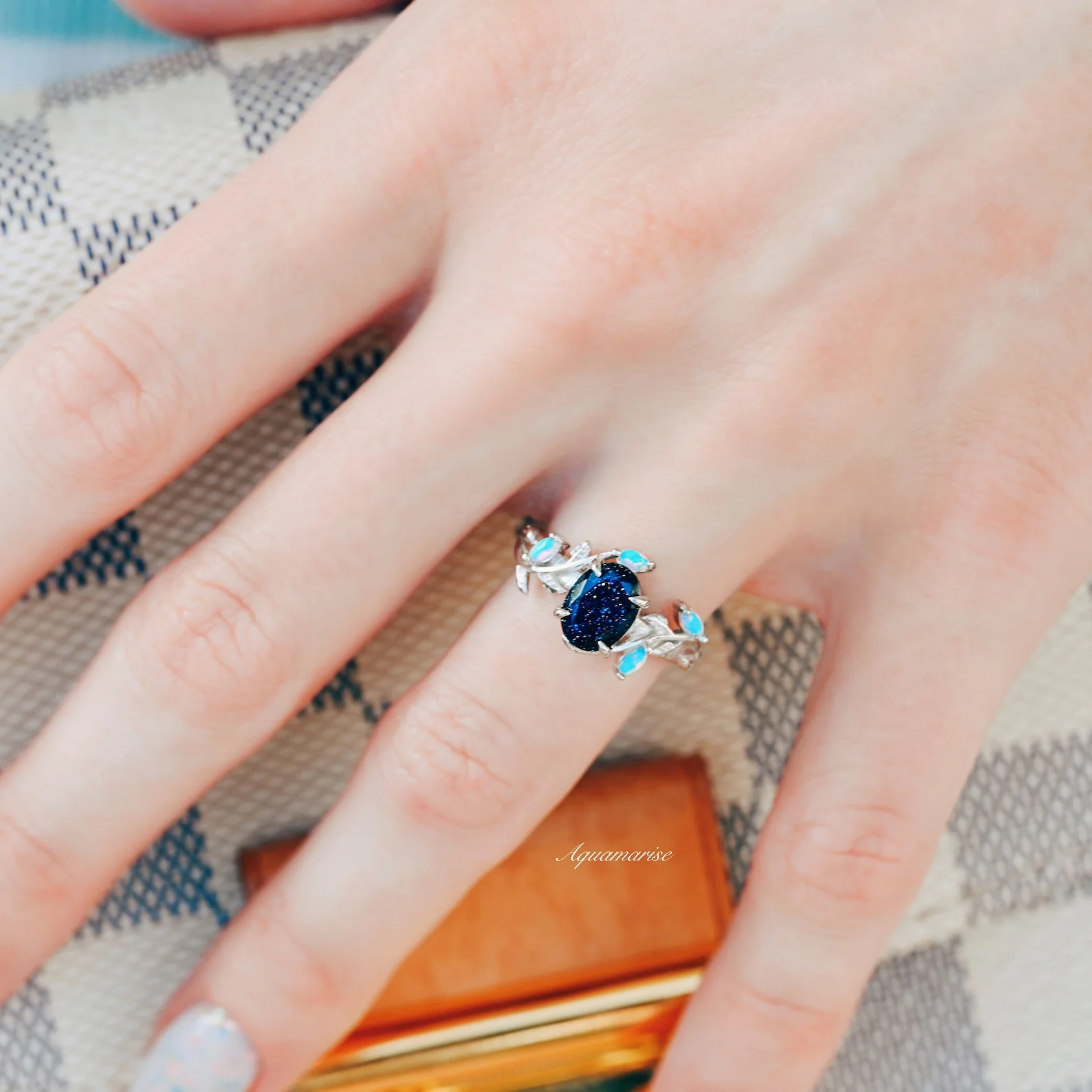 Starry Night & Australian Opal Leaf Engagement Ring in 14K White Gold - Image 3