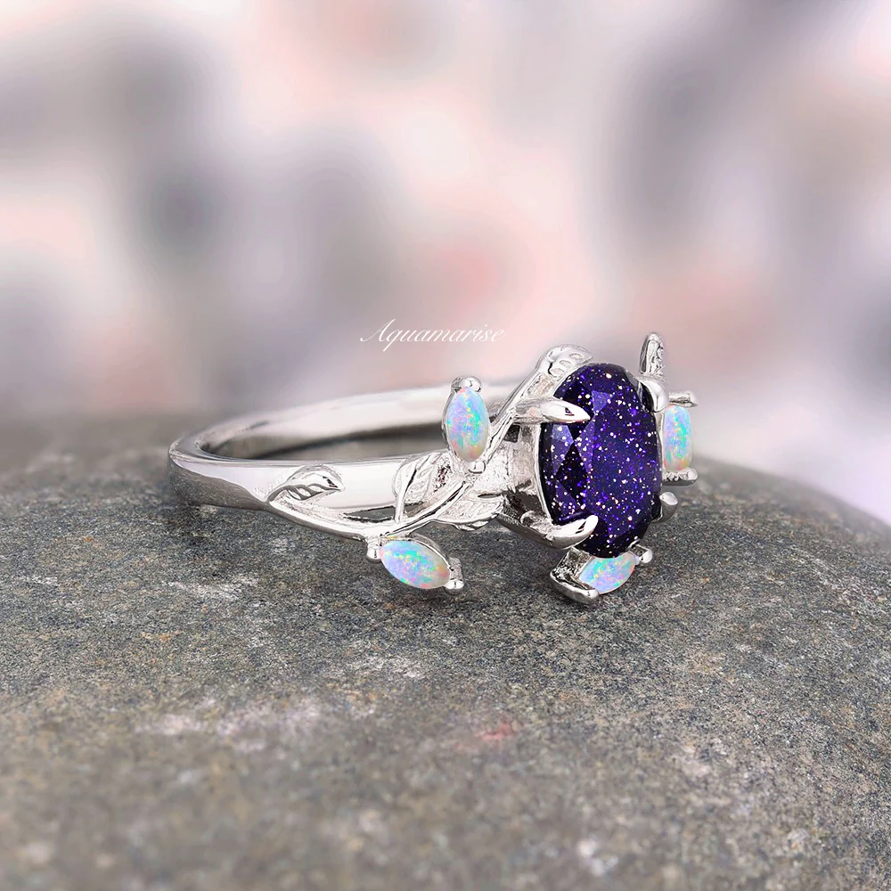 Starry Night & Australian Opal Leaf Engagement Ring in 14K White Gold - Image 5