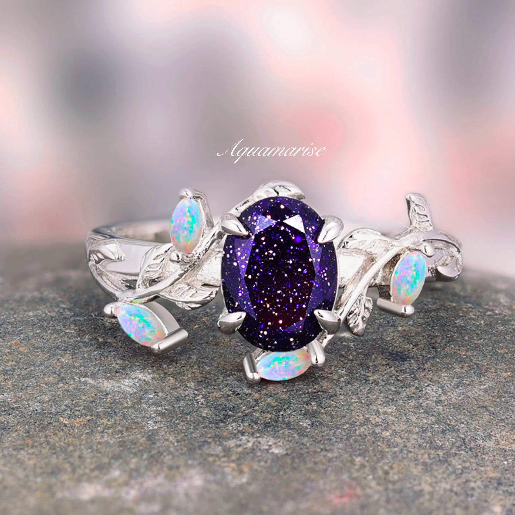 Starry Night & Australian Opal Leaf Engagement Ring in 14K White Gold - Image 6