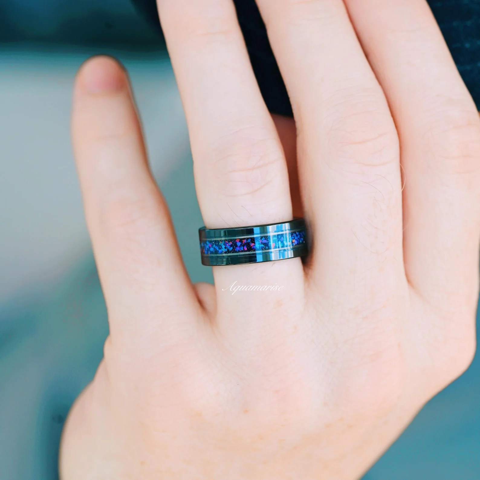 Starry Night & Blue Fire Opal Wedding Band-  8MM Black Tungsten - Image 3