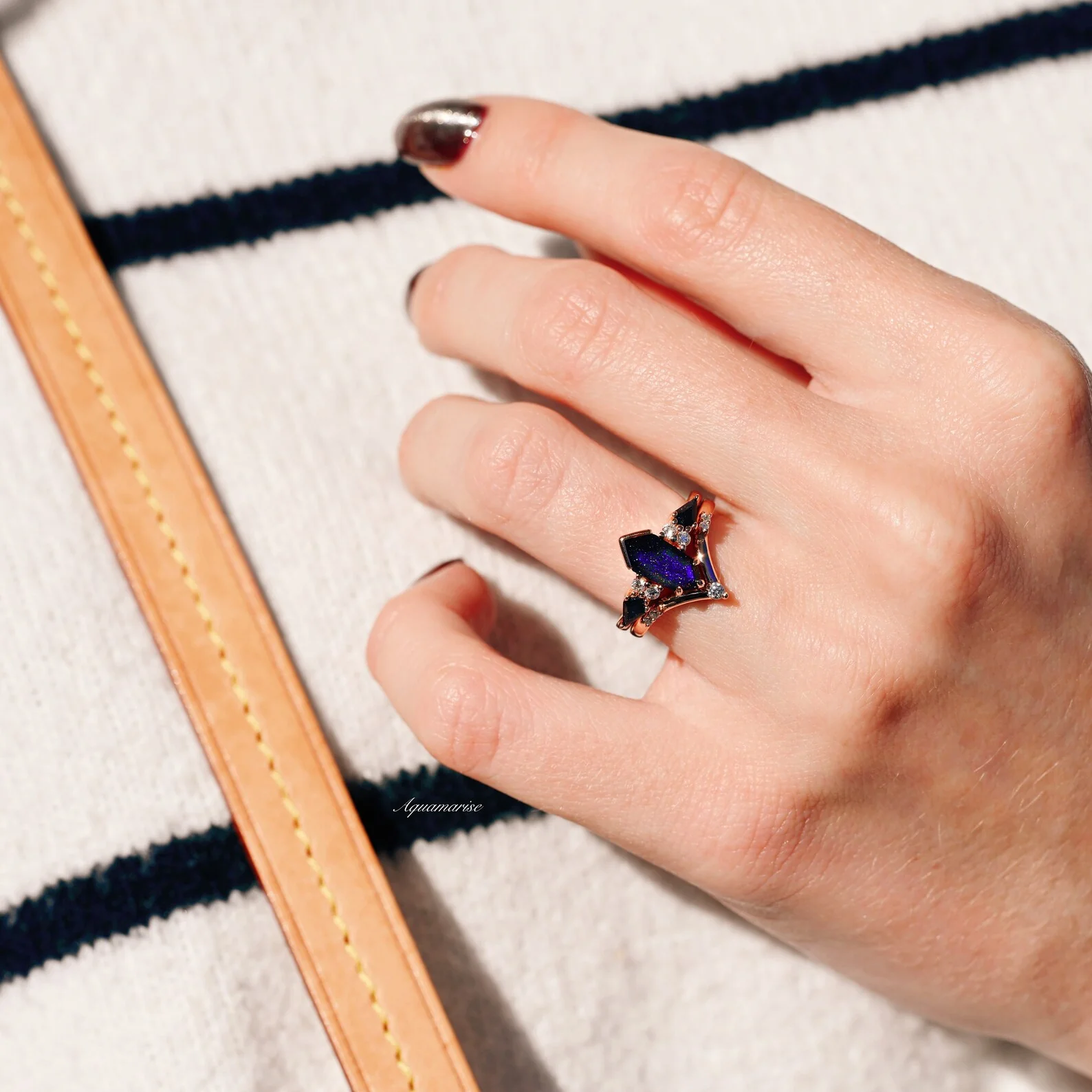 Starry Night Coffin Kite Engagement Ring Set in 14K Solid Rose Gold - Image 3