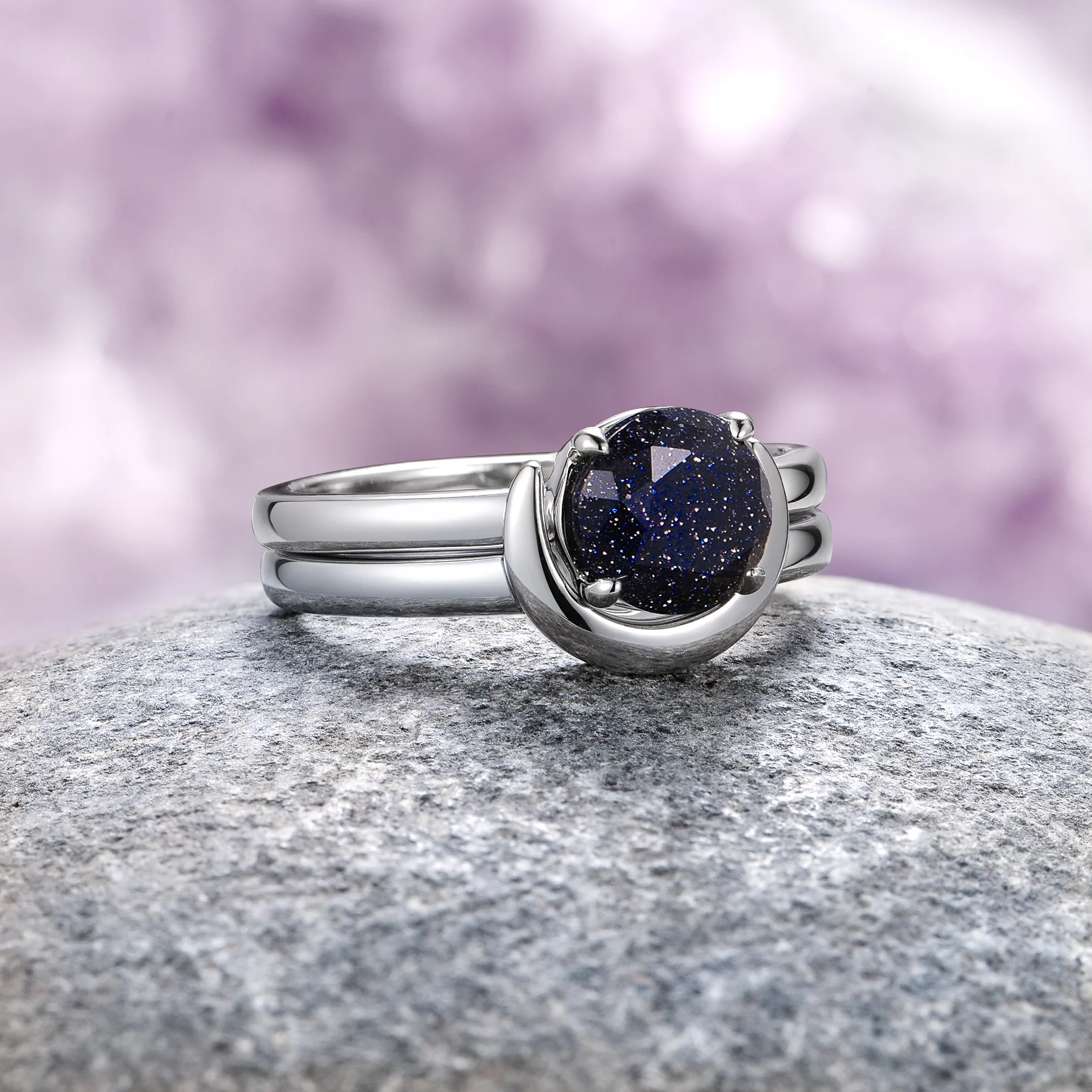 Starry Night Crescent Moon Engagement Ring Set- Sterling Silver - Image 6