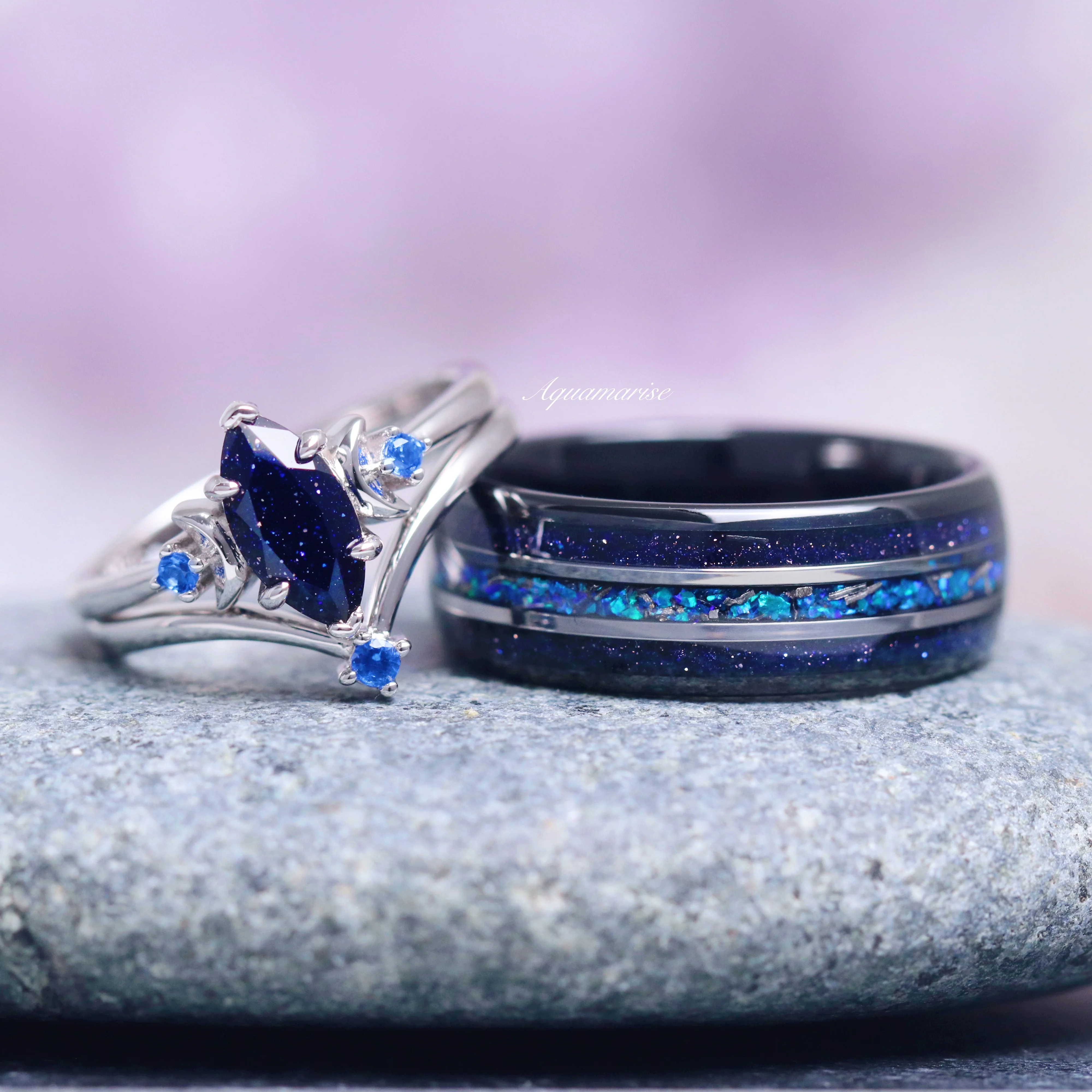 Starry Night, Meteorite & Blue Fire Opal Couples Ring Set