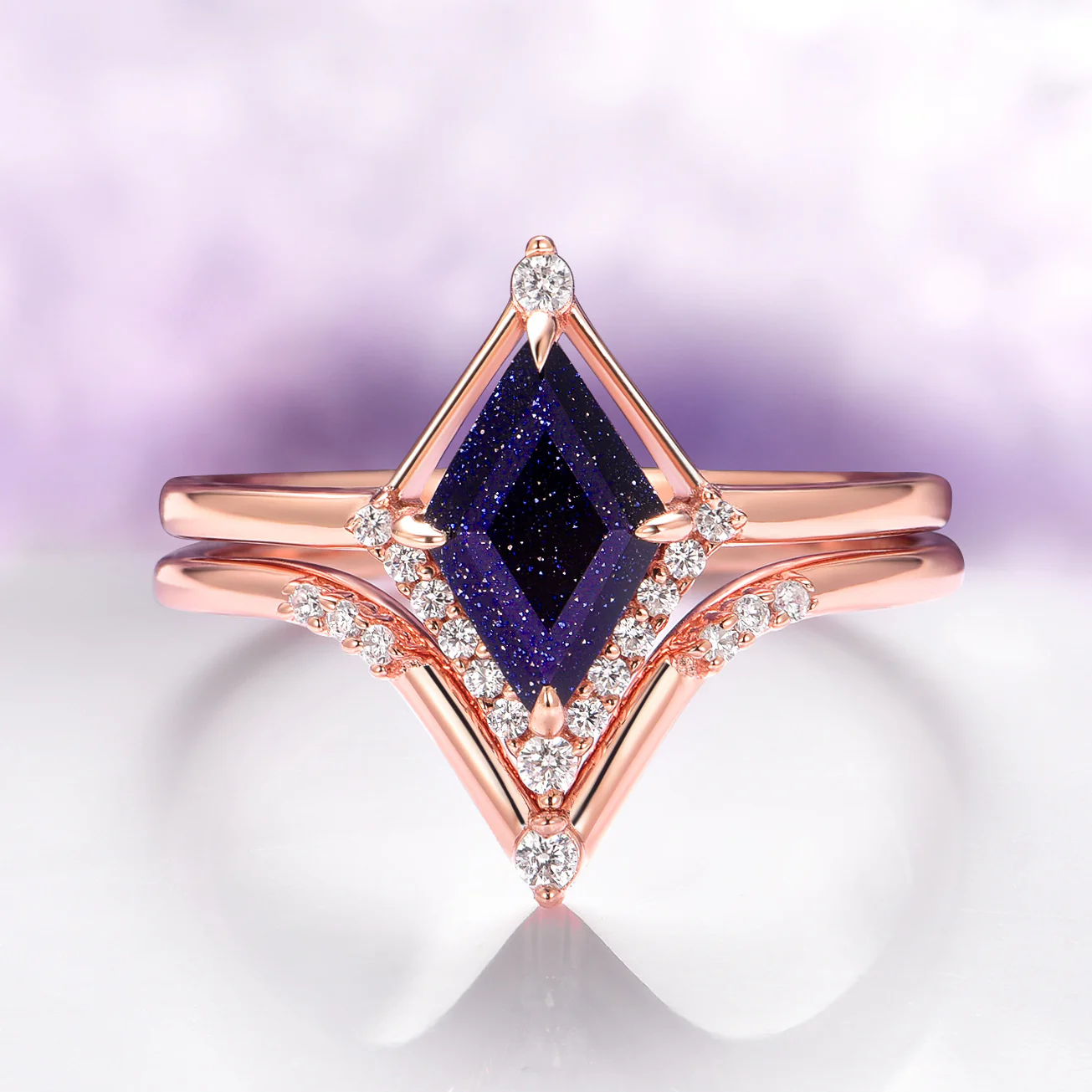 Starry Night Sandstone Ring Set- 14K Solid Rose Gold