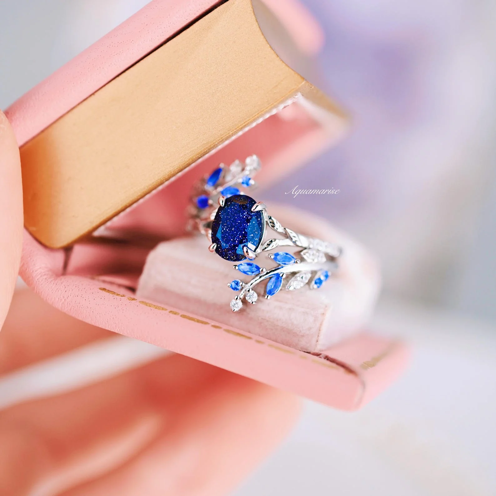 Starry Night & Sapphire Leaf Ring Set- 14K White Gold - Image 4