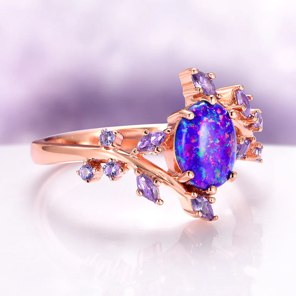 Starry Night Van Gogh Fire Opal & Rose Gold Leaf Couples Ring Set - Image 11