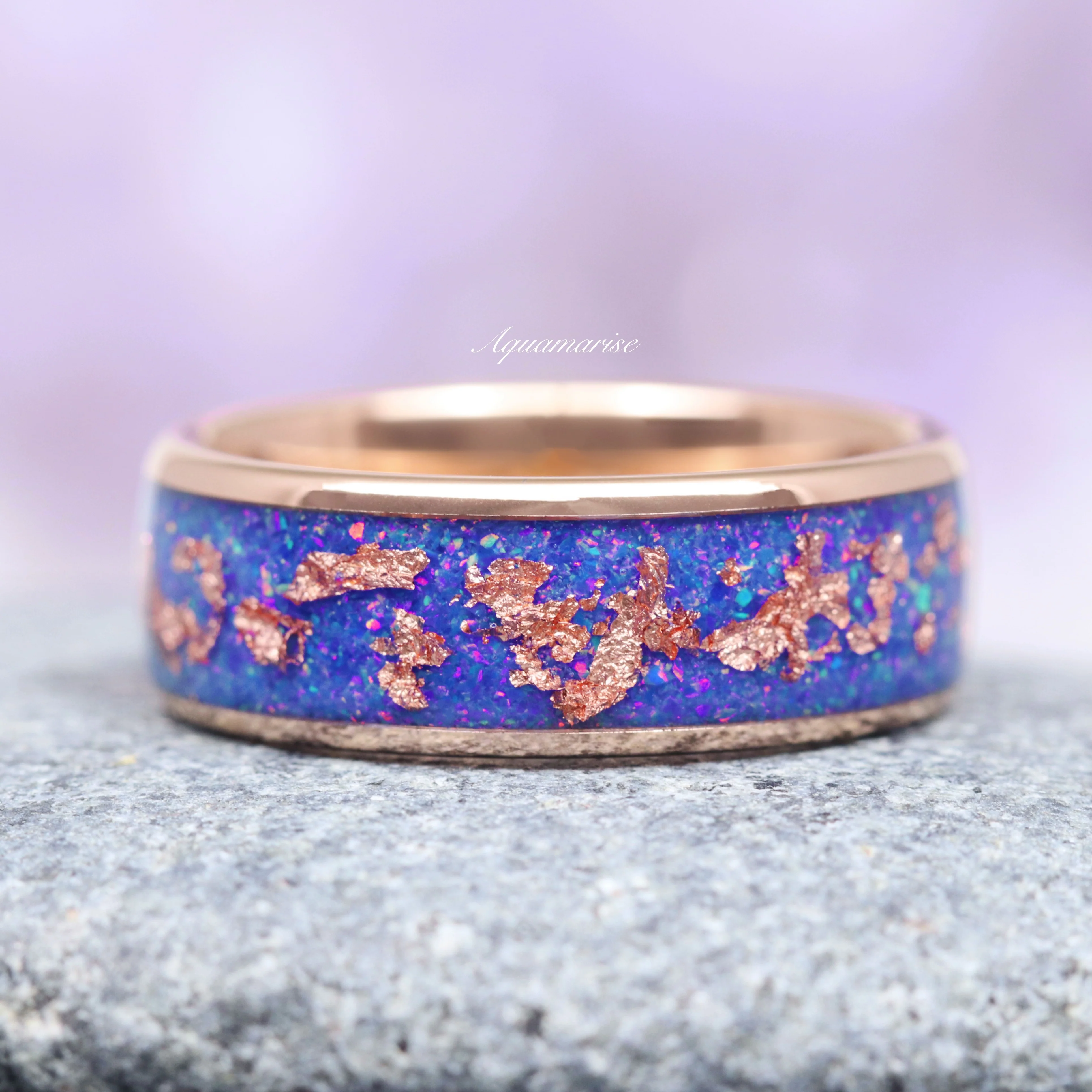 Starry Night Van Gogh Fire Opal & Rose Gold Leaf Couples Ring Set - Image 3