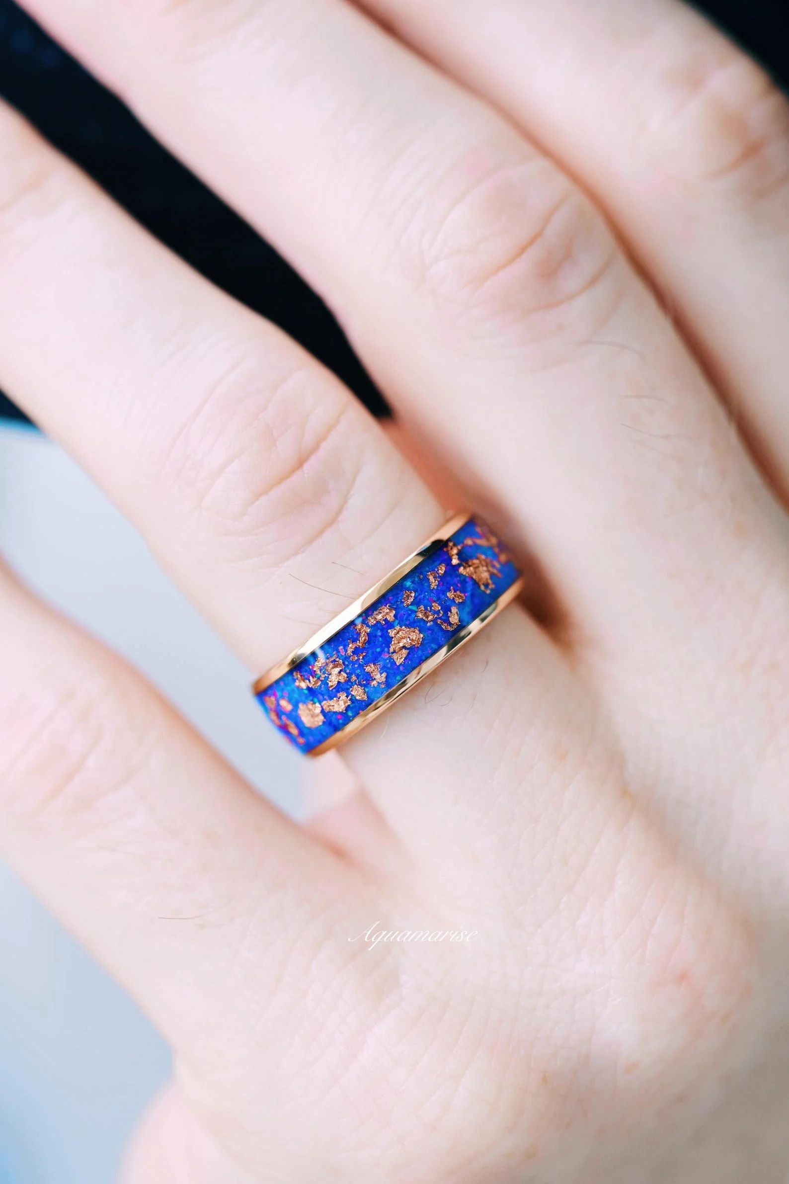 Starry Night Van Gogh Fire Opal & Rose Gold Leaf Couples Ring Set - Image 5