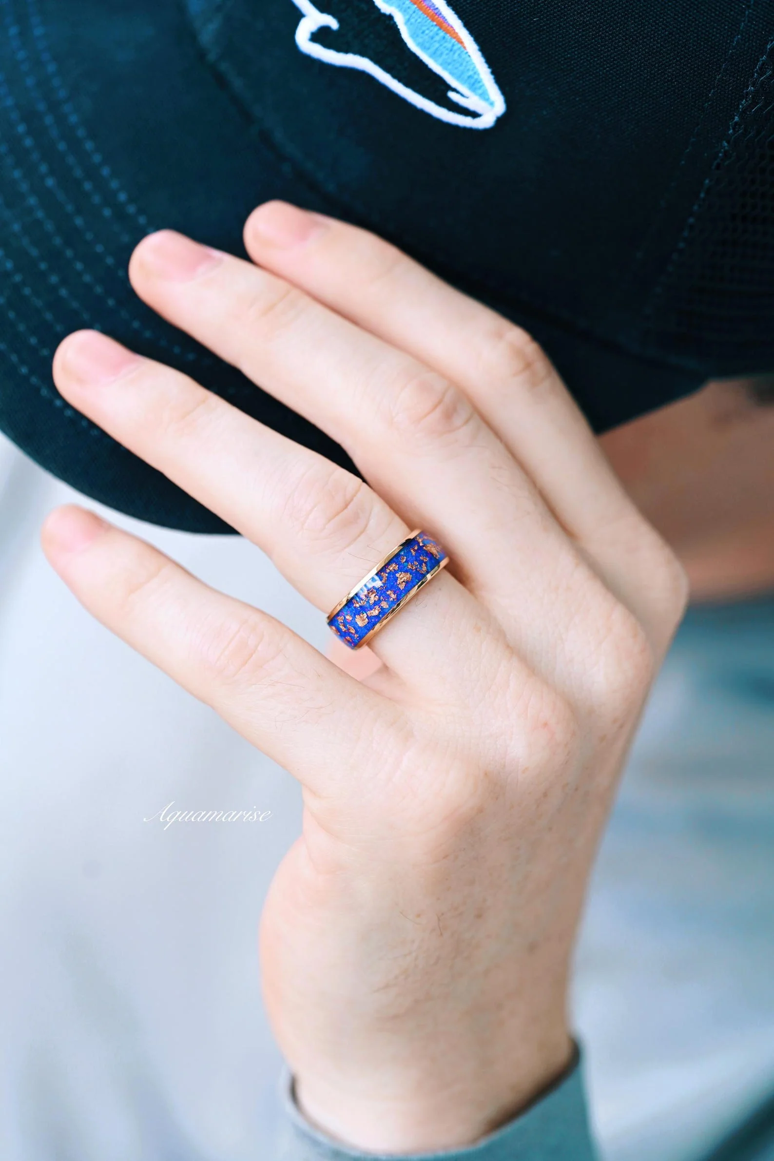 Starry Night Van Gogh Fire Opal & Rose Gold Leaf Couples Ring Set - Image 6