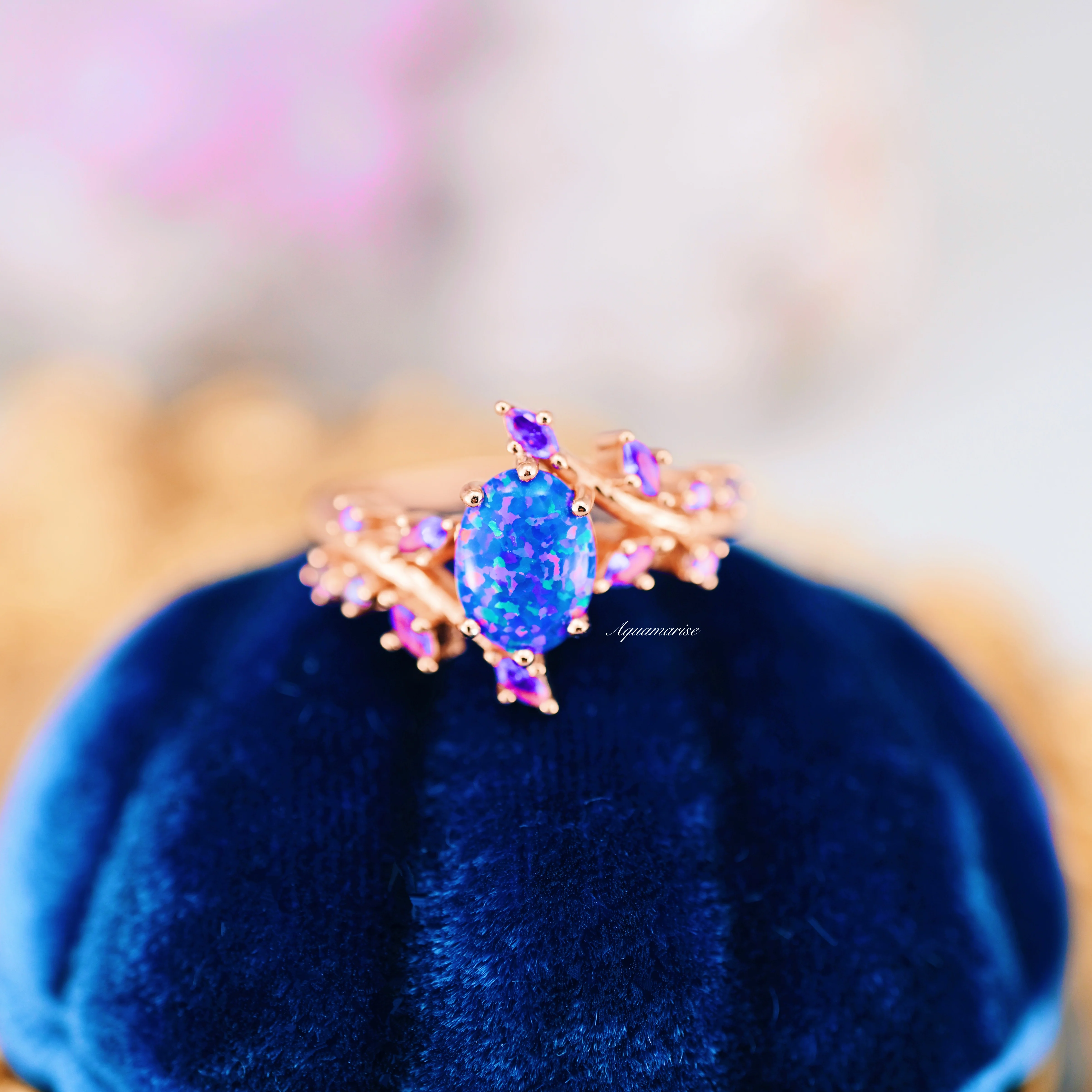 Starry Night Van Gogh Fire Opal & Rose Gold Leaf Couples Ring Set - Image 7