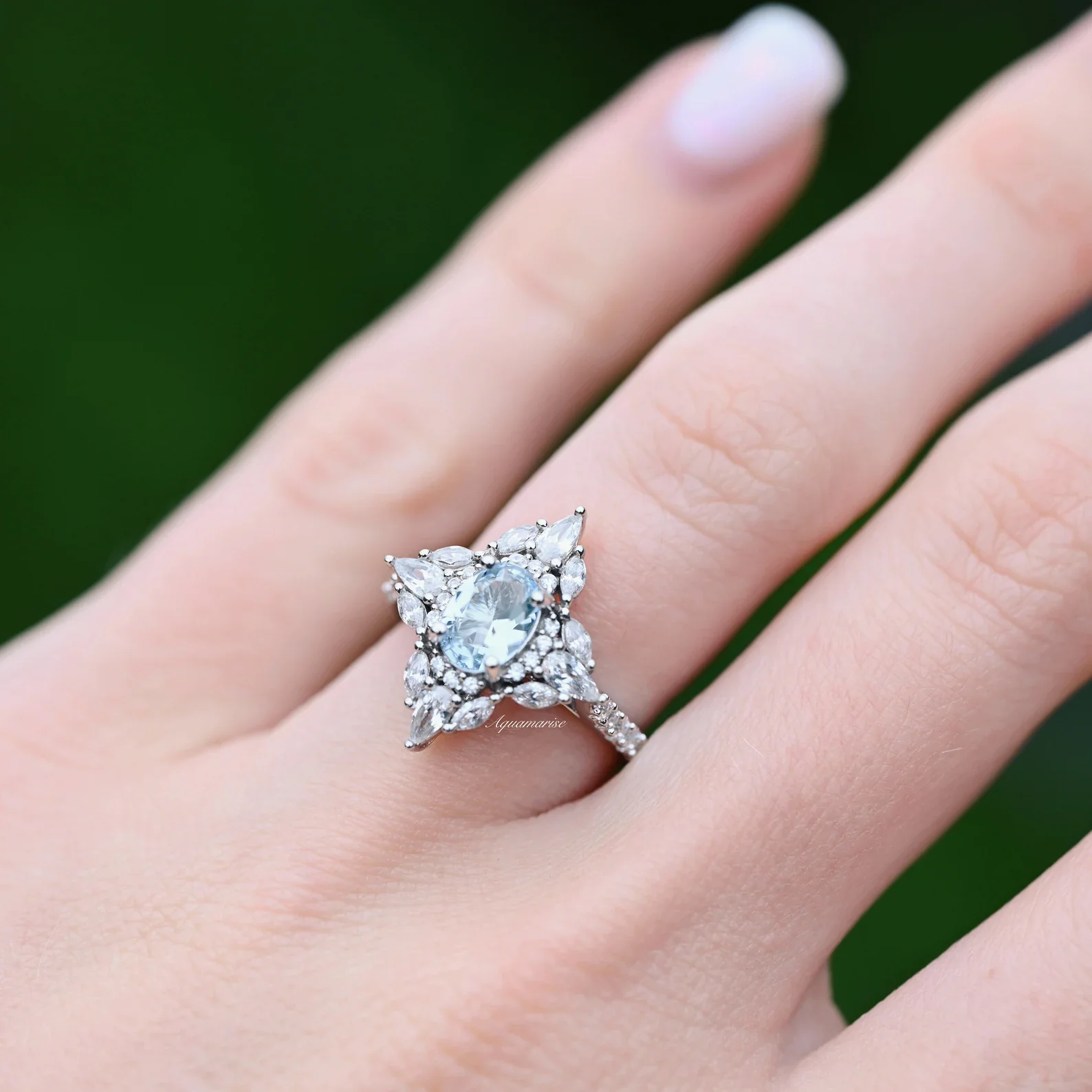 Stella Oval Cut Aquamarine Vintage Engagement Ring in 14K White Gold - Image 5