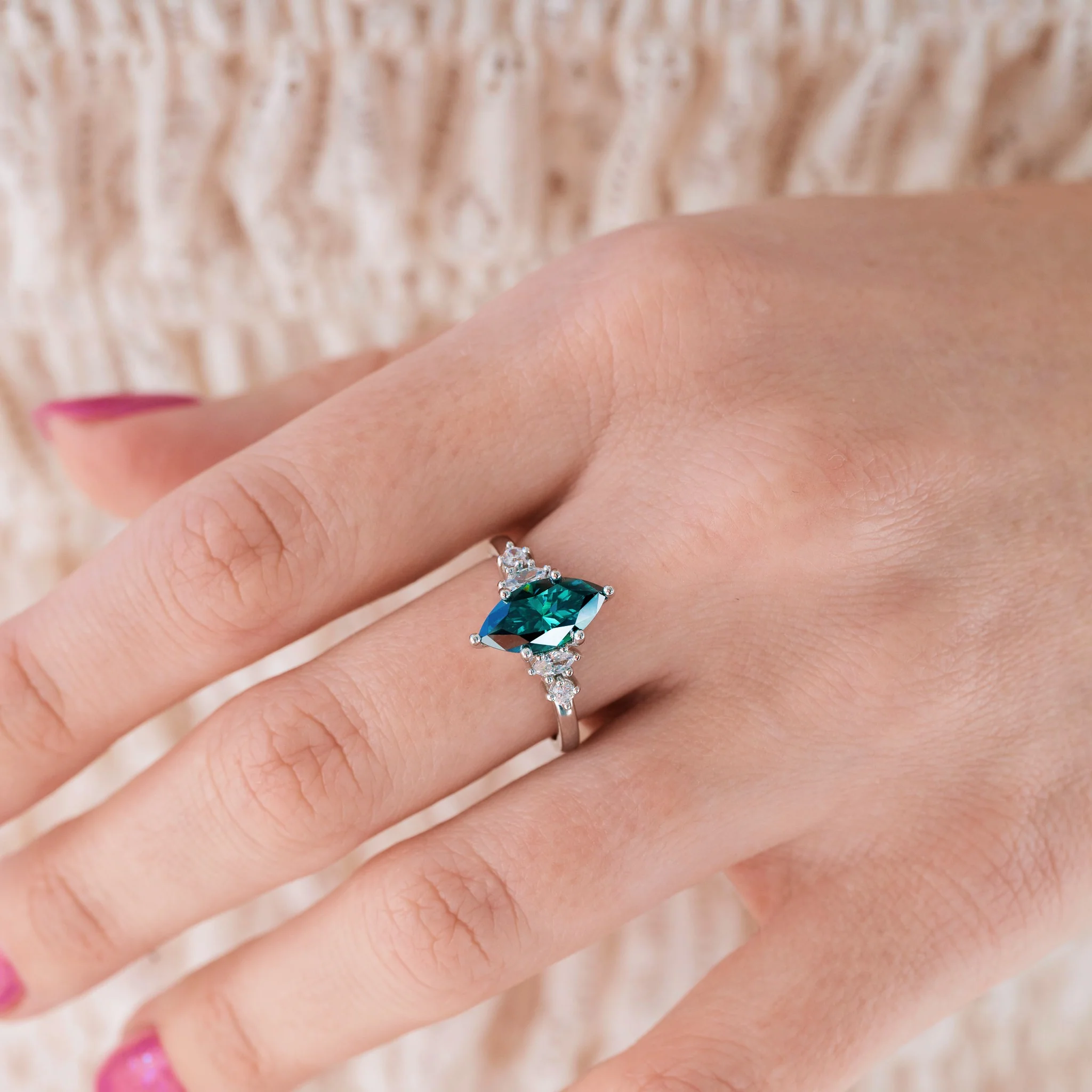 Teal Moissanite Marquise Engagement Ring in Sterling Silver - Image 2