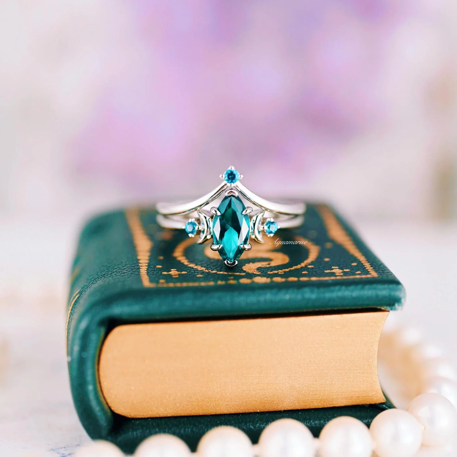 Teal Sapphire Crescent Moon Ring Set in 14K White Gold - Image 2