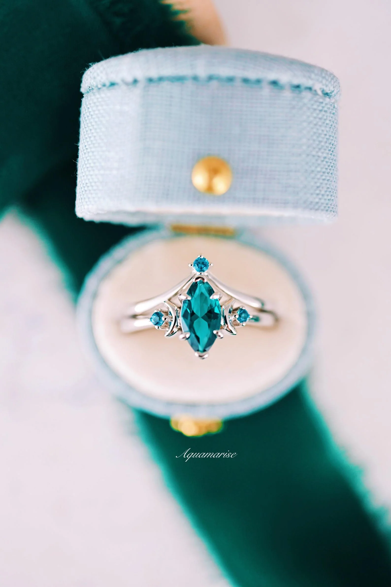 Teal Sapphire Crescent Moon Ring Set in 14K White Gold - Image 3