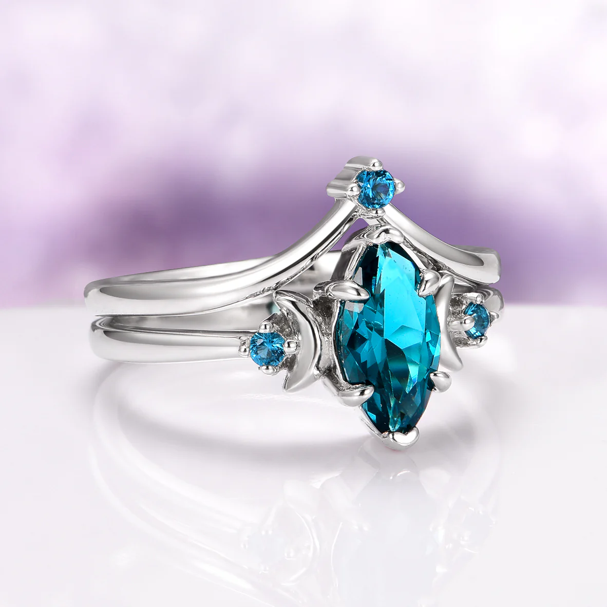 Teal Sapphire Crescent Moon Ring Set in 14K White Gold - Image 5