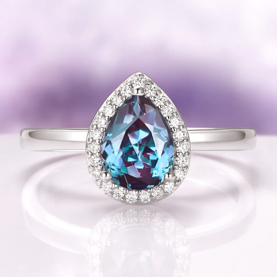 Teardrop Alexandrite Engagement Ring in 14K White Gold
