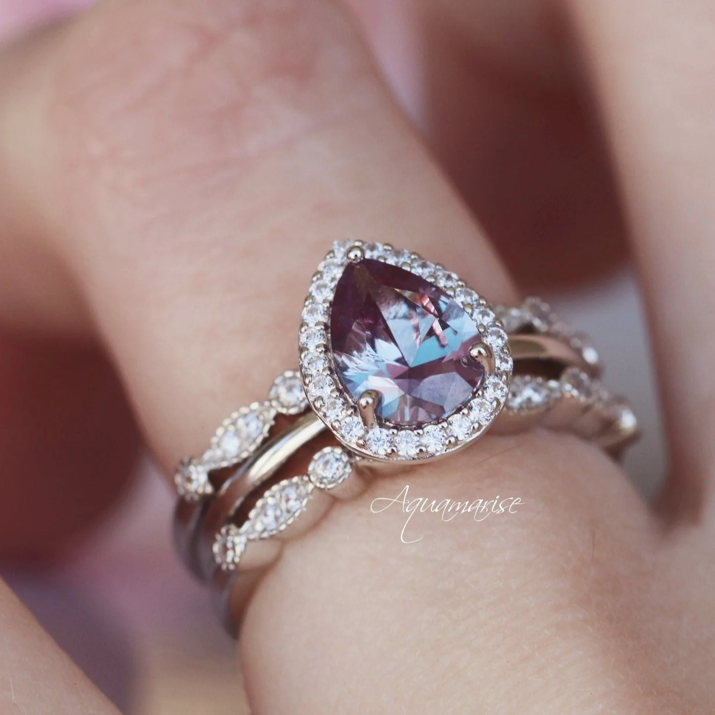Teardrop Alexandrite Engagement Ring in 14K White Gold - Image 5