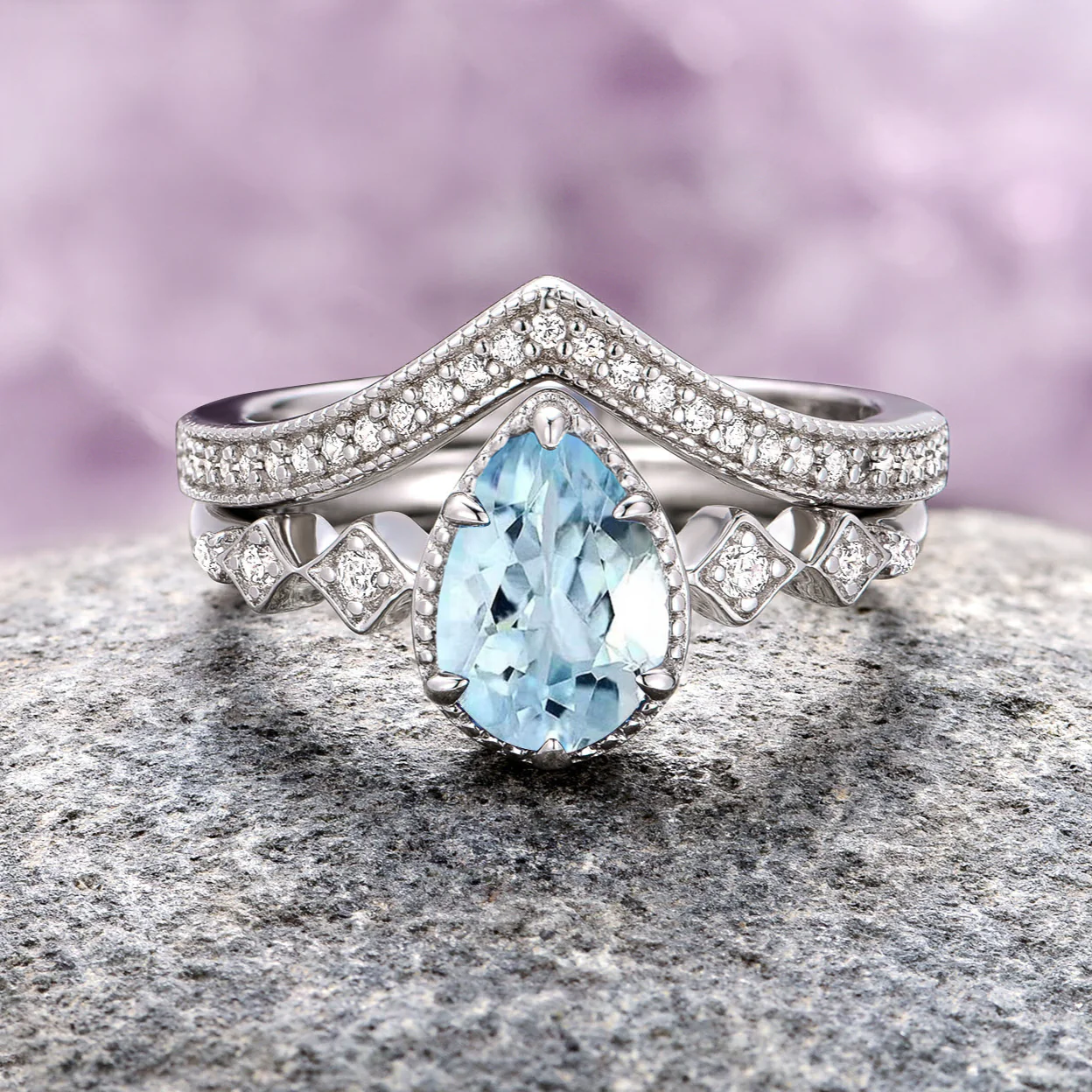 Teardrop Aquamarine Engagement Ring Set in Sterling Silver - Image 2
