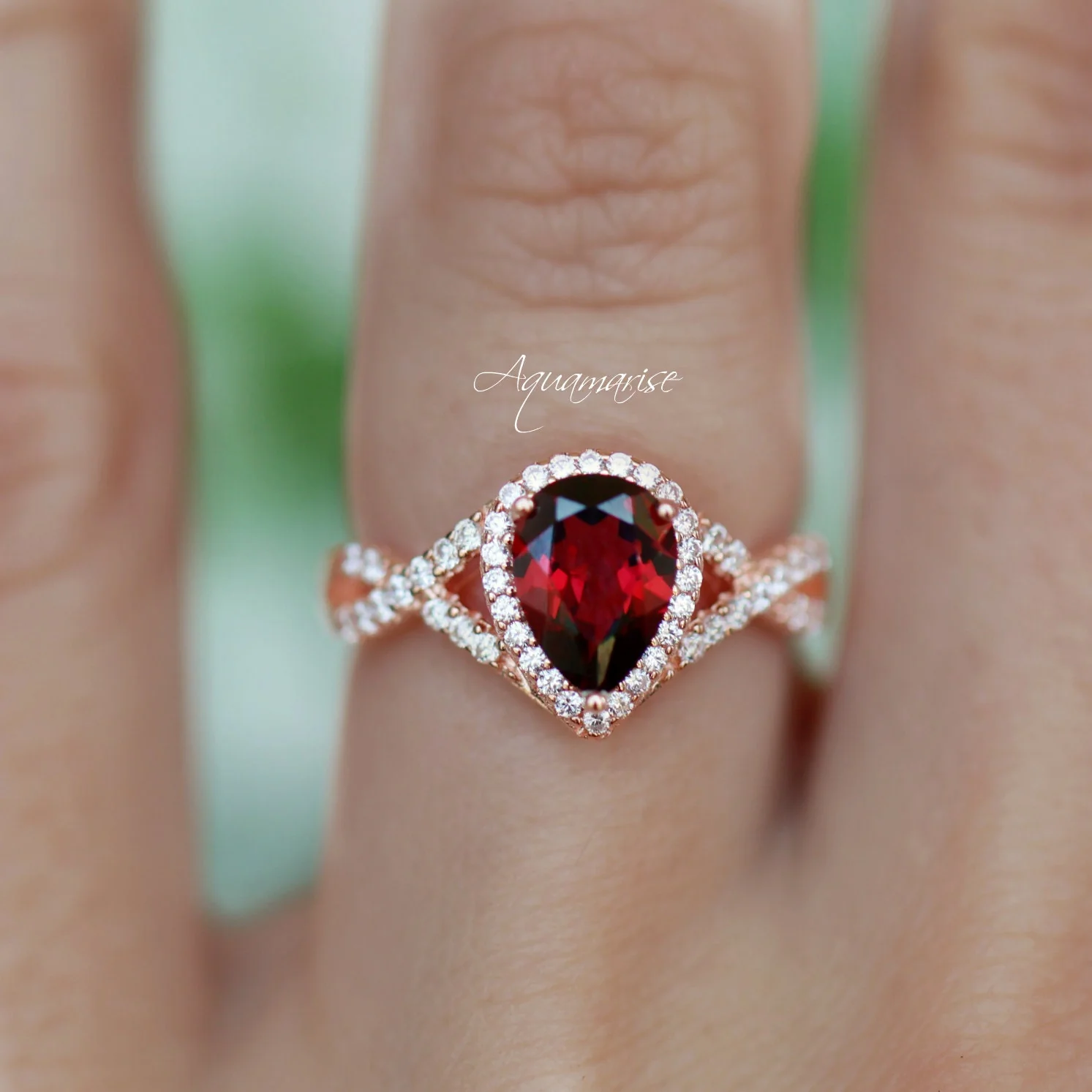 Flair Teardrop Natural Red Garnet Ring in 14K Rose Gold Vermeil - Image 4