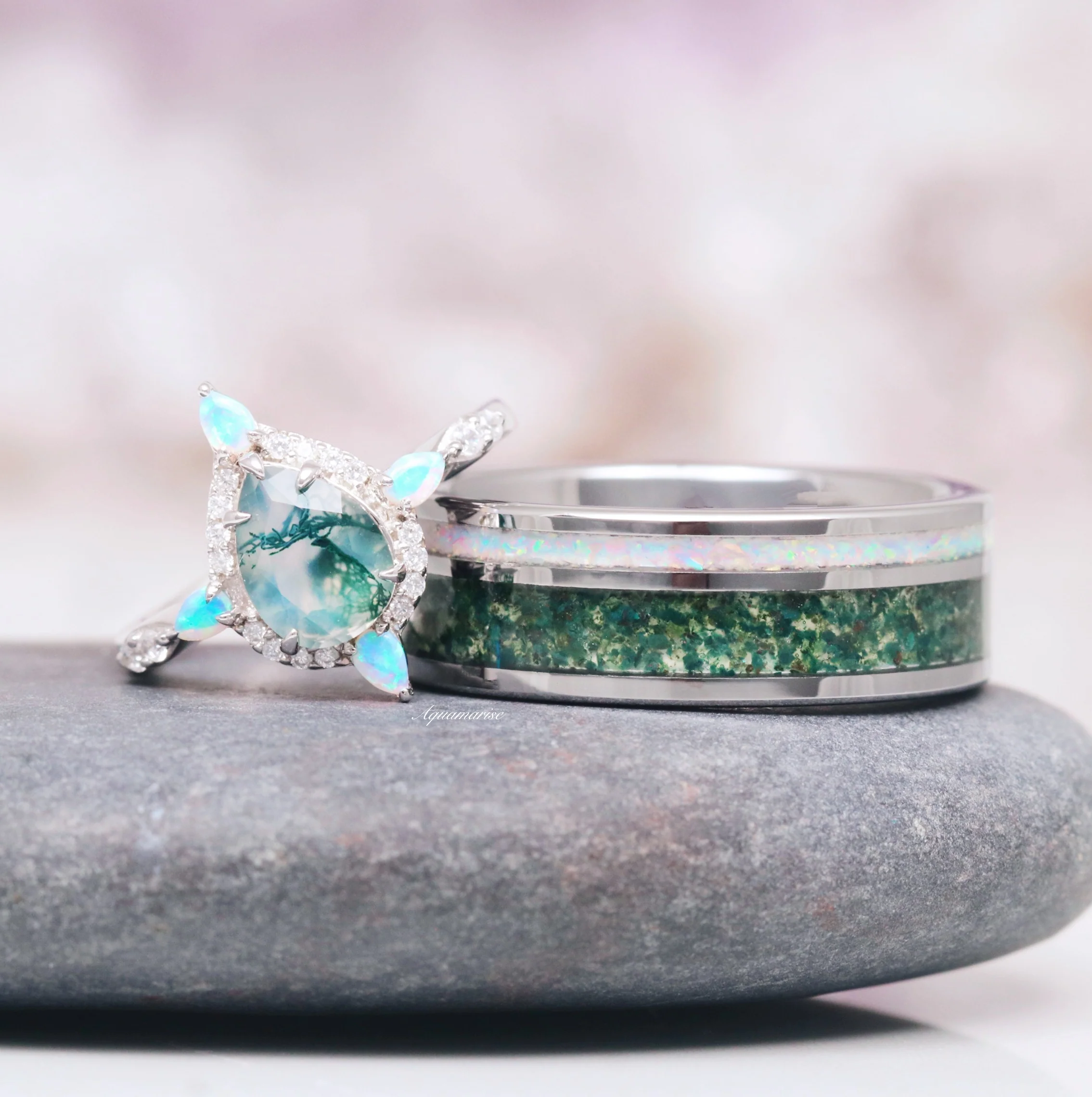 Green Moss Agate & Fire Opal Engagement Ring- 14K White Gold - Image 2