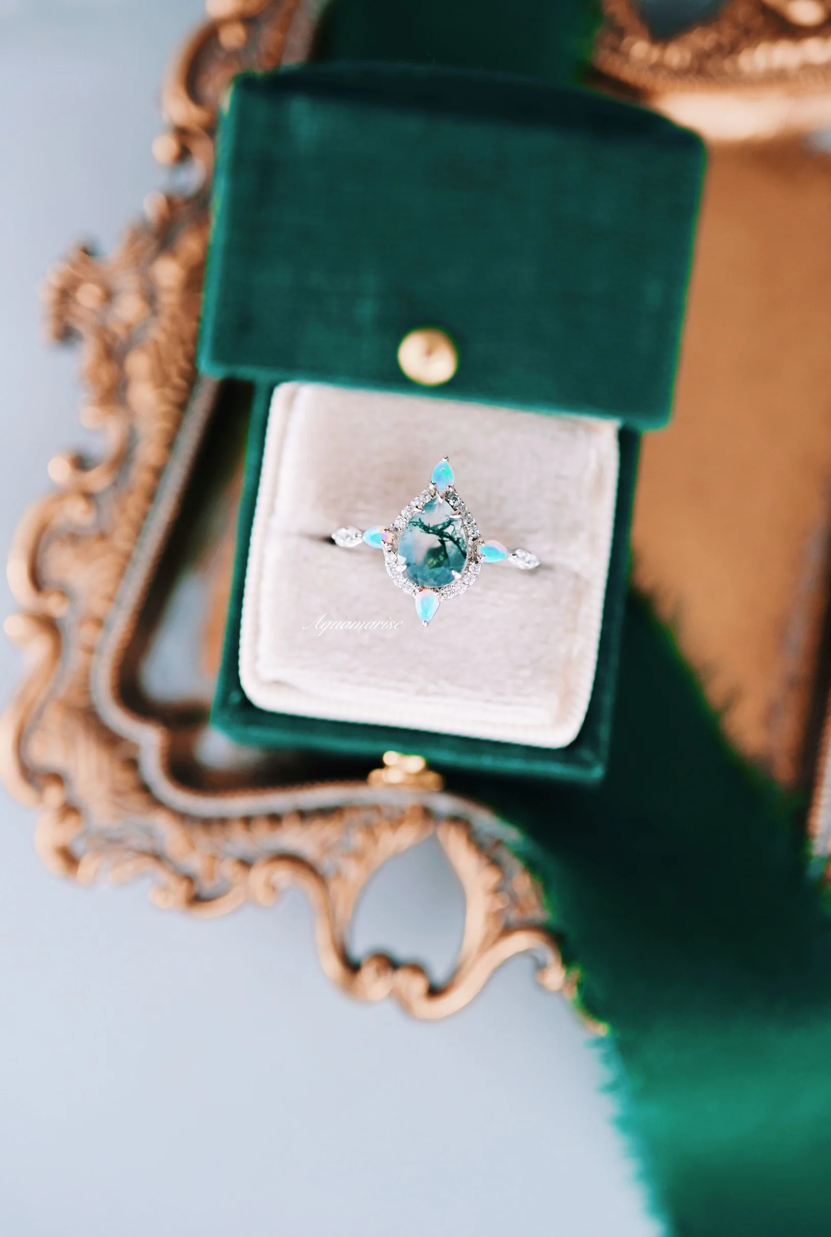 Green Moss Agate & Fire Opal Engagement Ring- 14K White Gold - Image 4