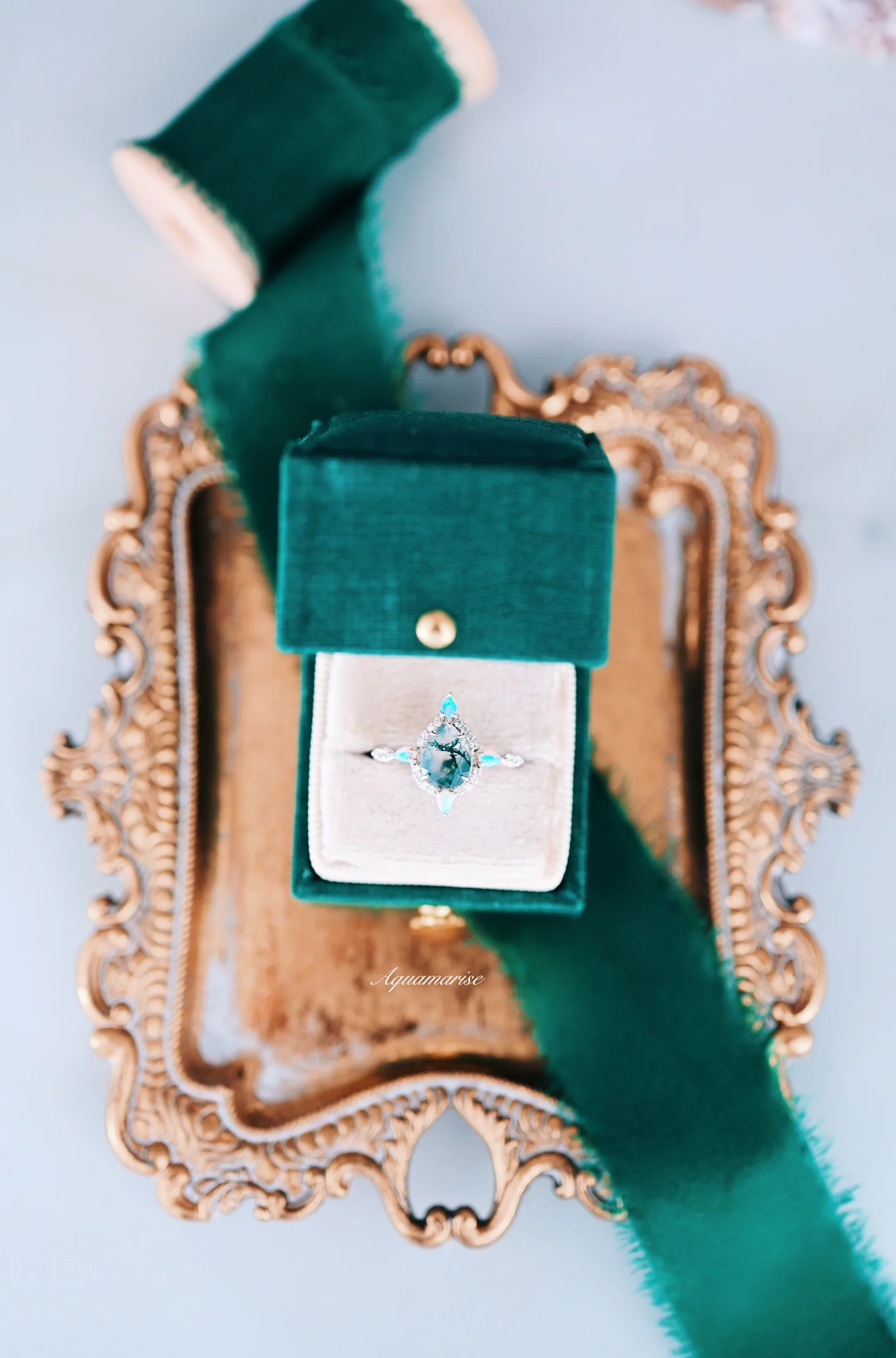 Green Moss Agate & Fire Opal Engagement Ring- 14K White Gold - Image 5
