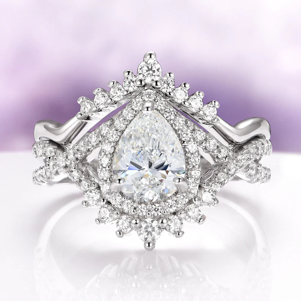 Teardrop Moissanite Engagement Ring Set in 14K White Gold