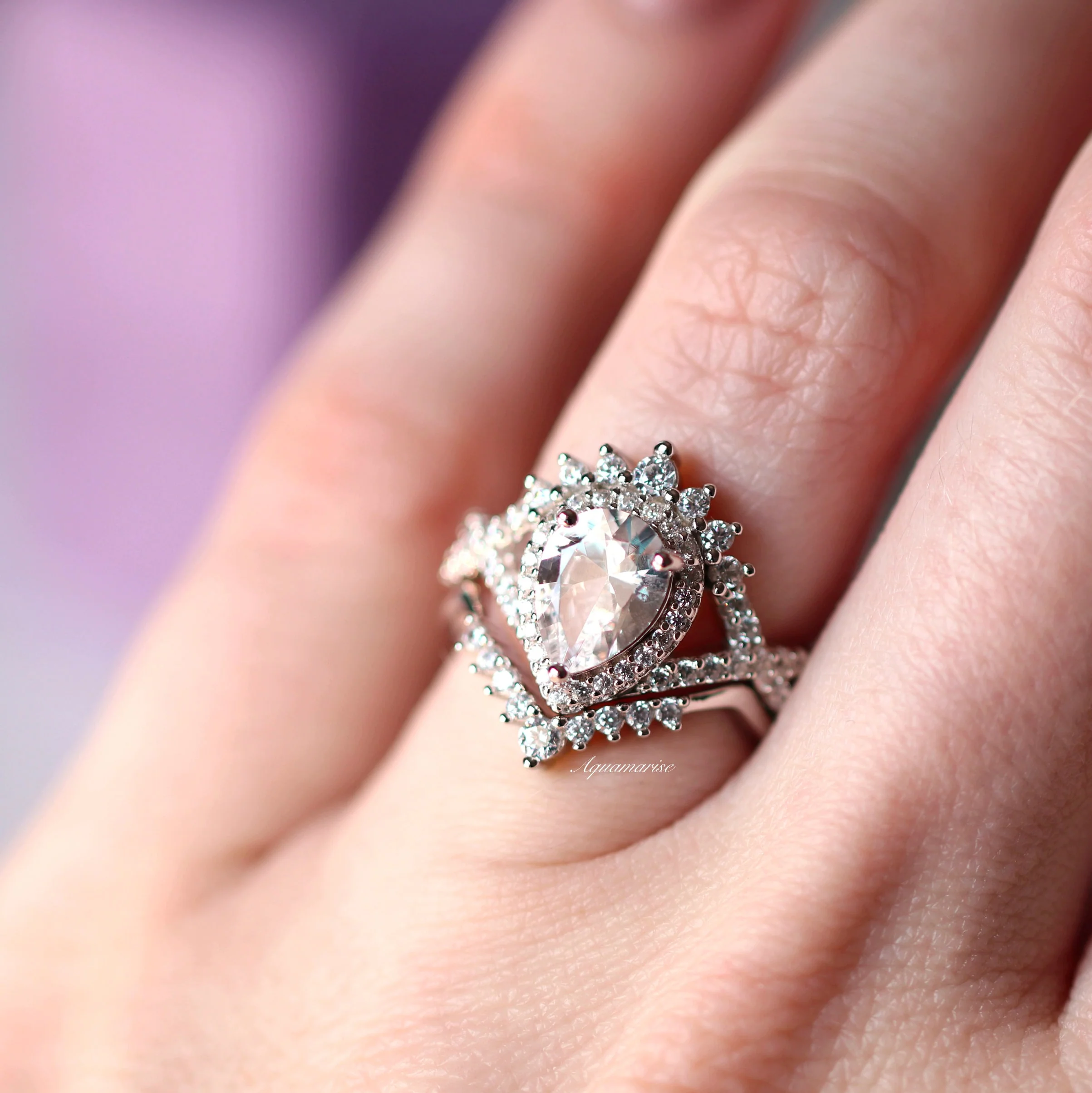 Teardrop Moissanite Engagement Ring Set in 14K White Gold - Image 3