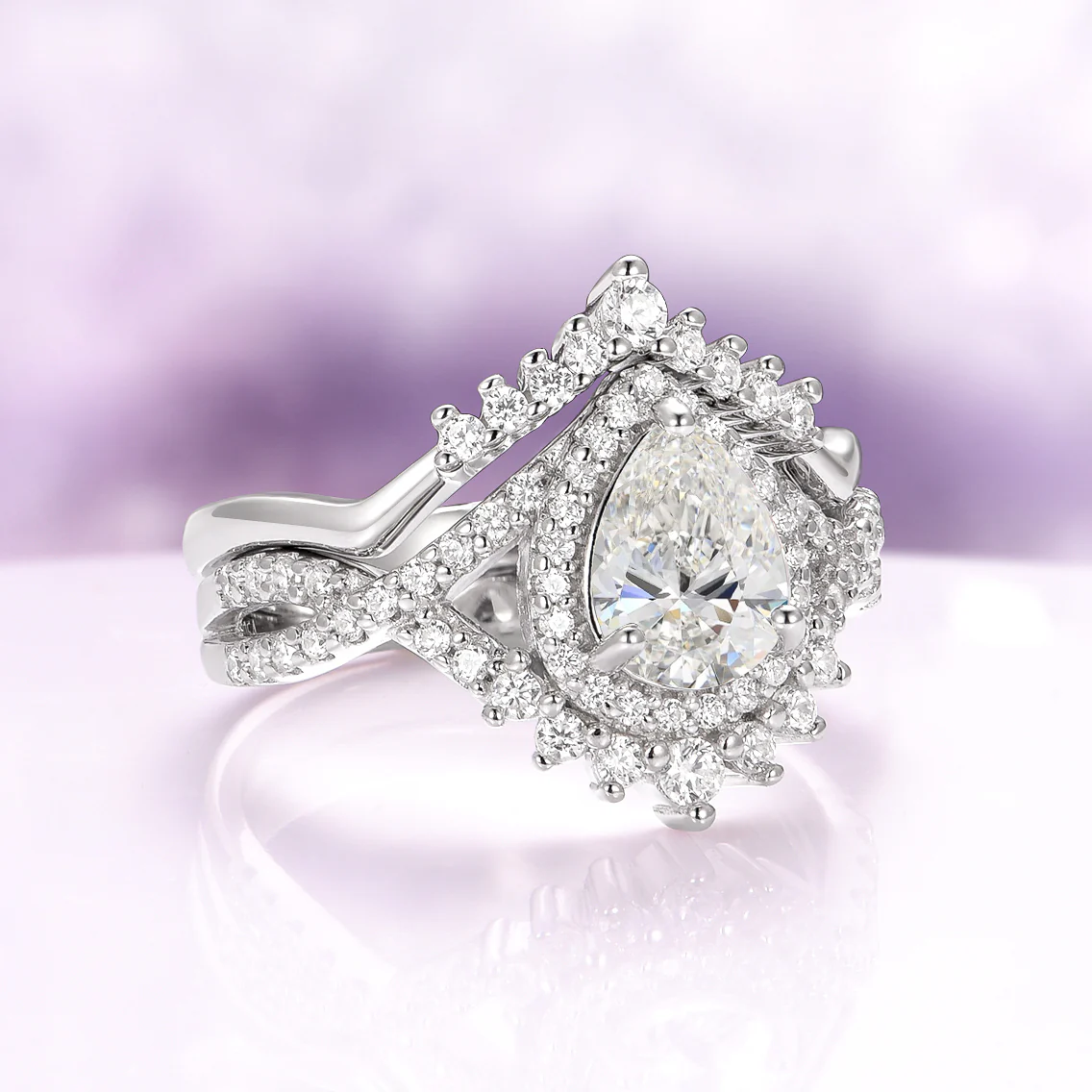 Teardrop Moissanite Engagement Ring Set in 14K White Gold - Image 5