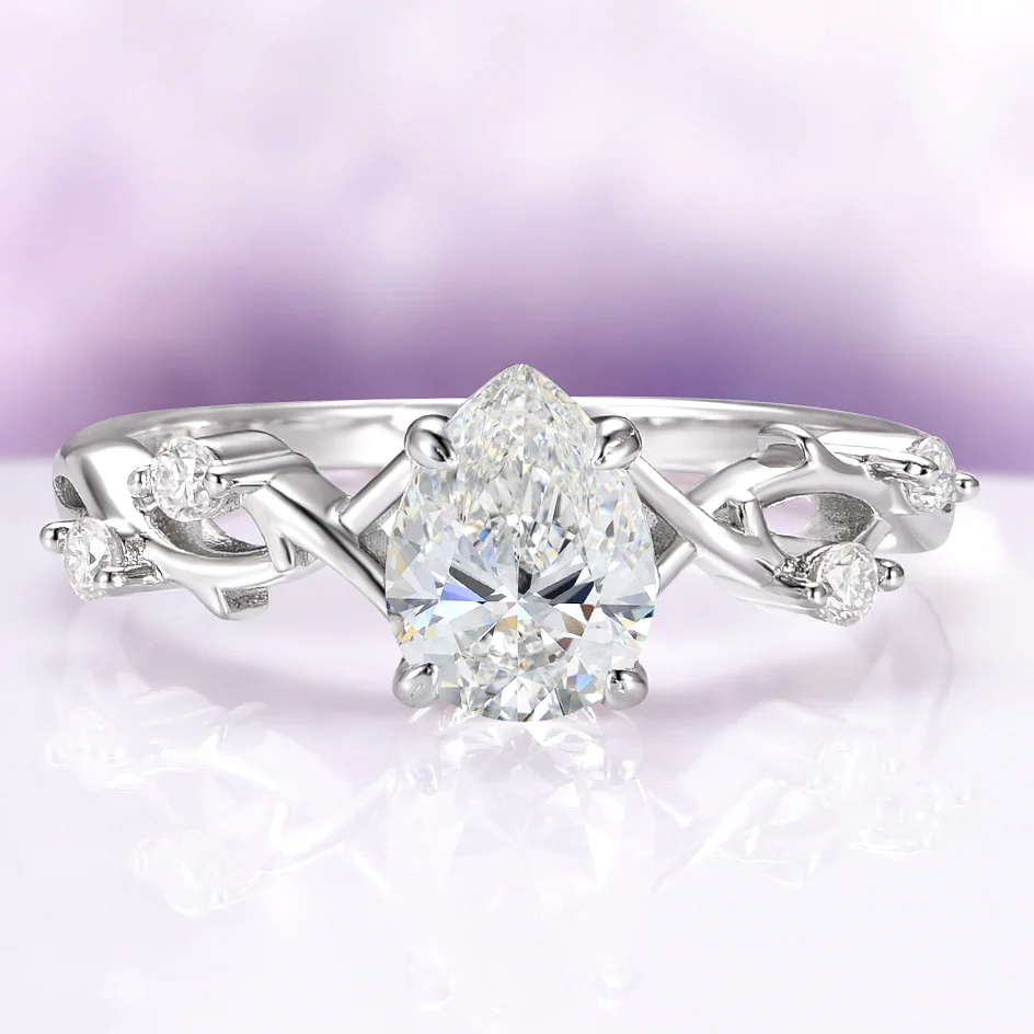 Teardrop Moissanite Leaf Engagement Ring in 14K White Gold