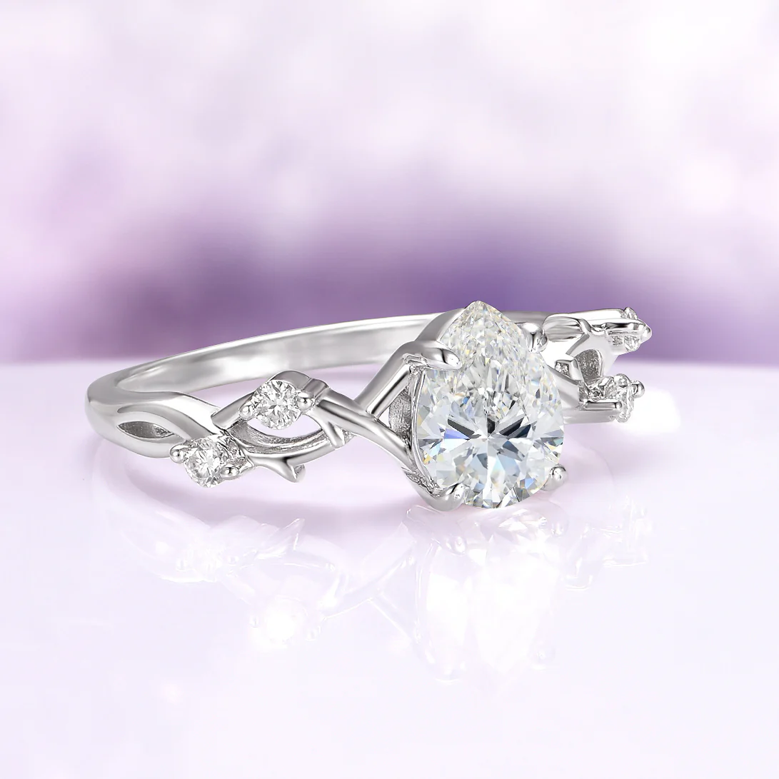 Teardrop Moissanite Leaf Engagement Ring in 14K White Gold - Image 4