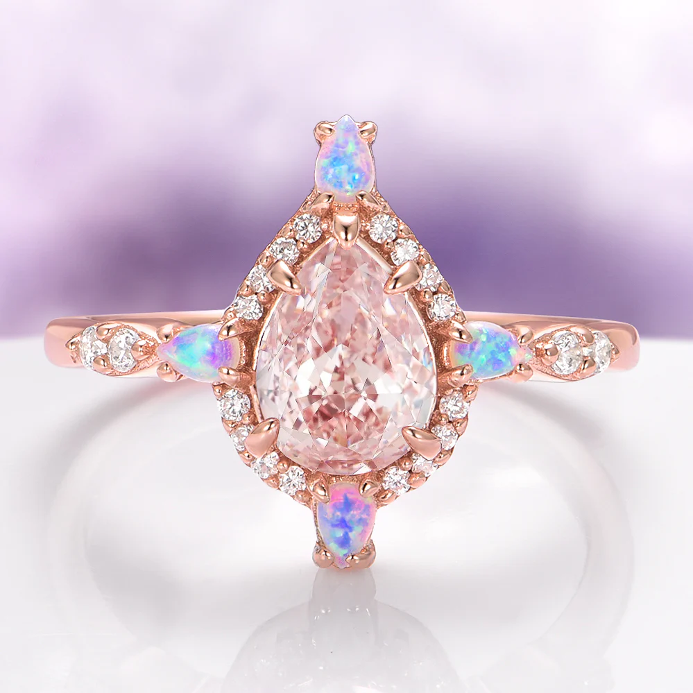 Teardrop Morganite & Fire Opal Engagement Ring in 14K Solid Rose Gold