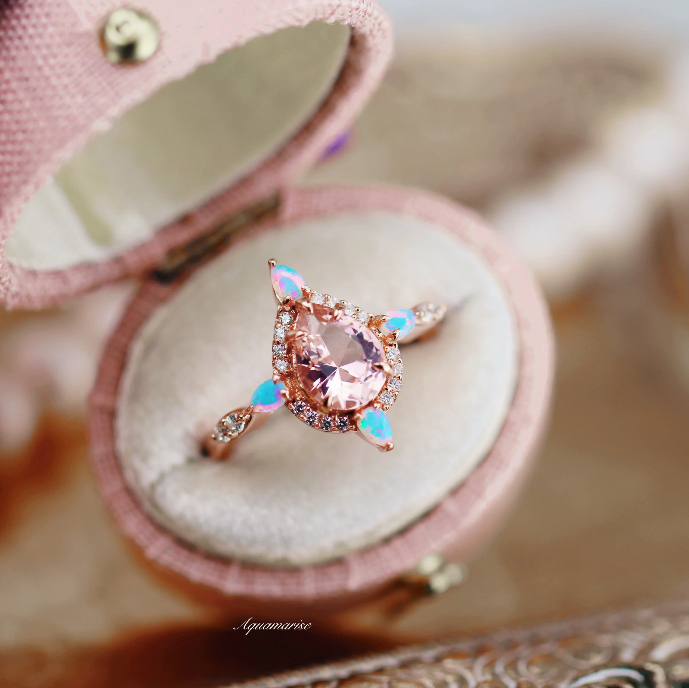 Teardrop Morganite & Fire Opal Engagement Ring in 14K Solid Rose Gold - Image 2