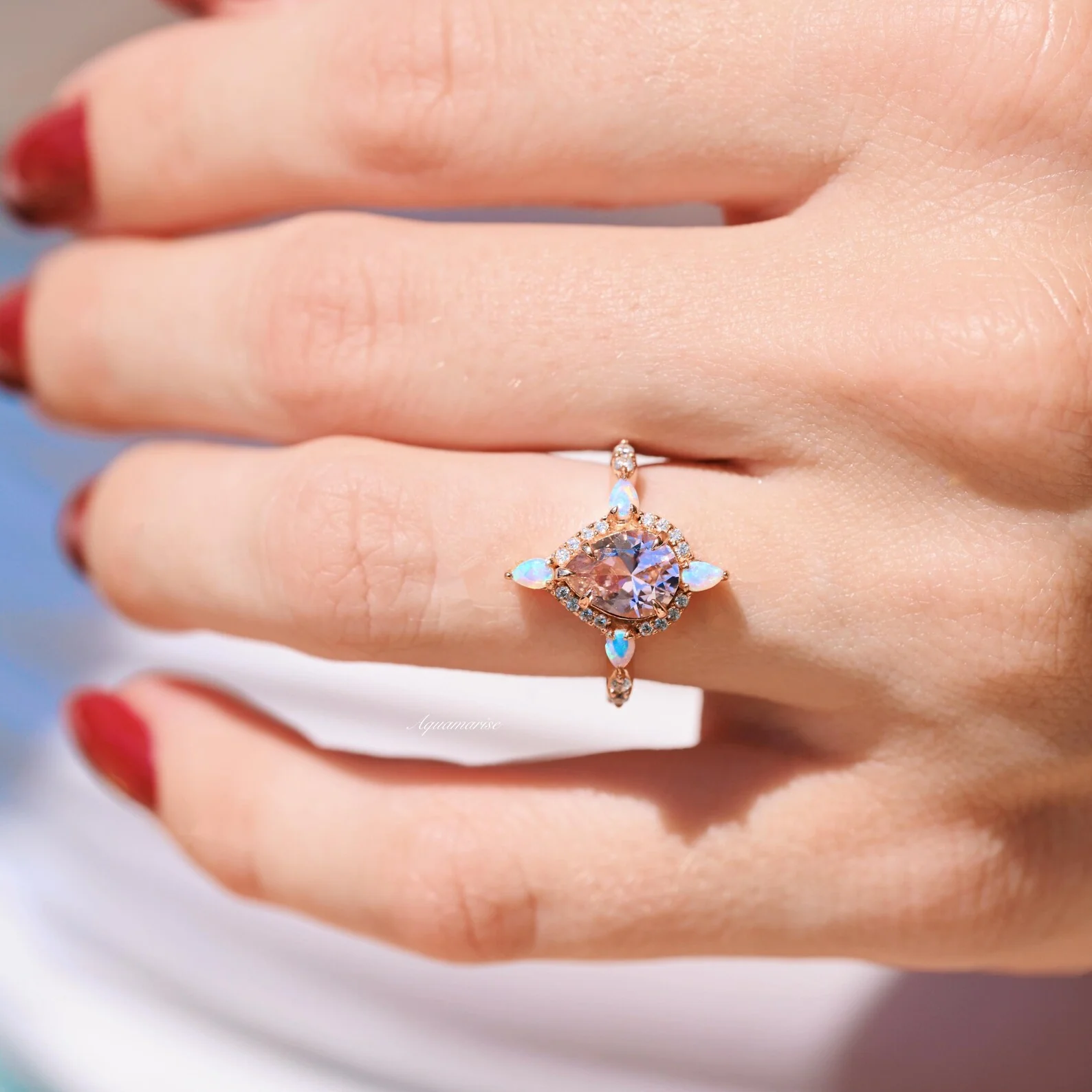 Teardrop Morganite & Fire Opal Engagement Ring in 14K Solid Rose Gold - Image 3
