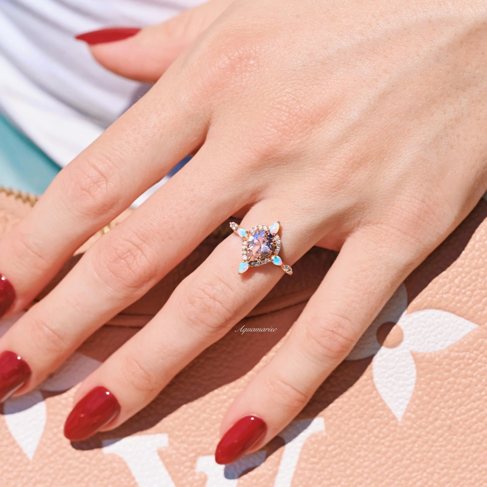Teardrop Morganite & Fire Opal Engagement Ring in 14K Solid Rose Gold - Image 4
