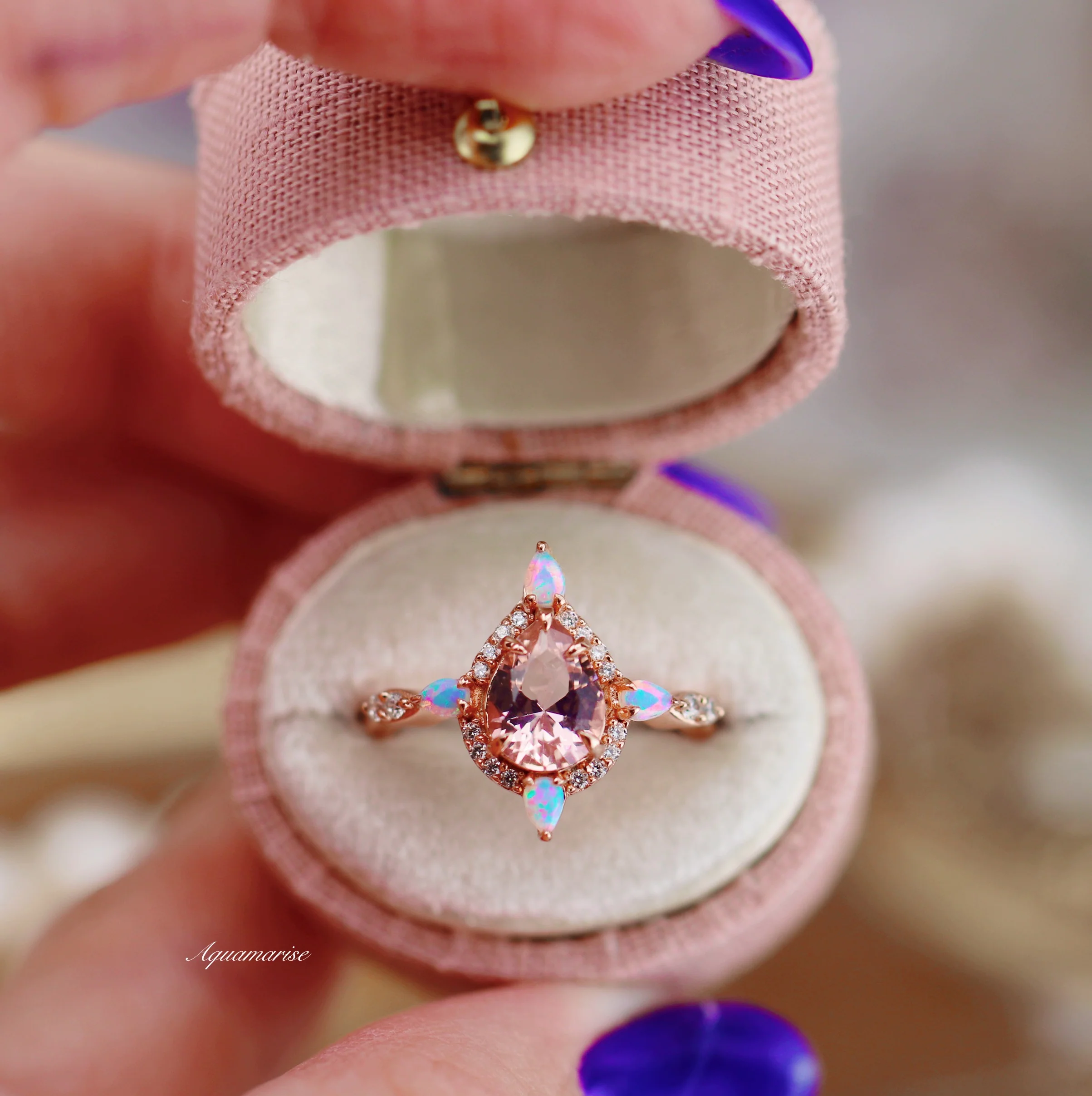 Teardrop Morganite & Fire Opal Engagement Ring in 14K Solid Rose Gold - Image 5