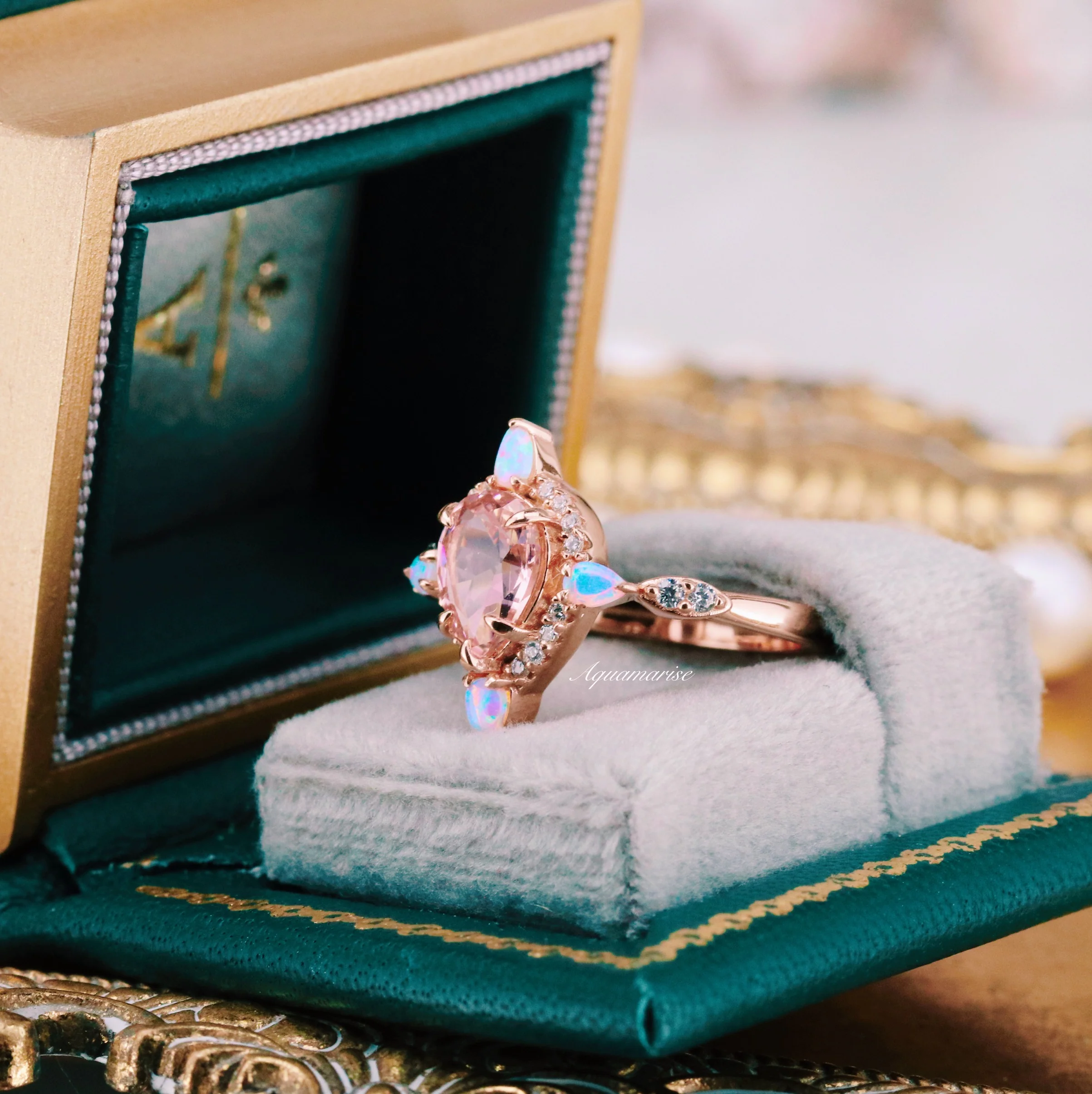 Teardrop Morganite & Fire Opal Engagement Ring in 14K Solid Rose Gold - Image 6
