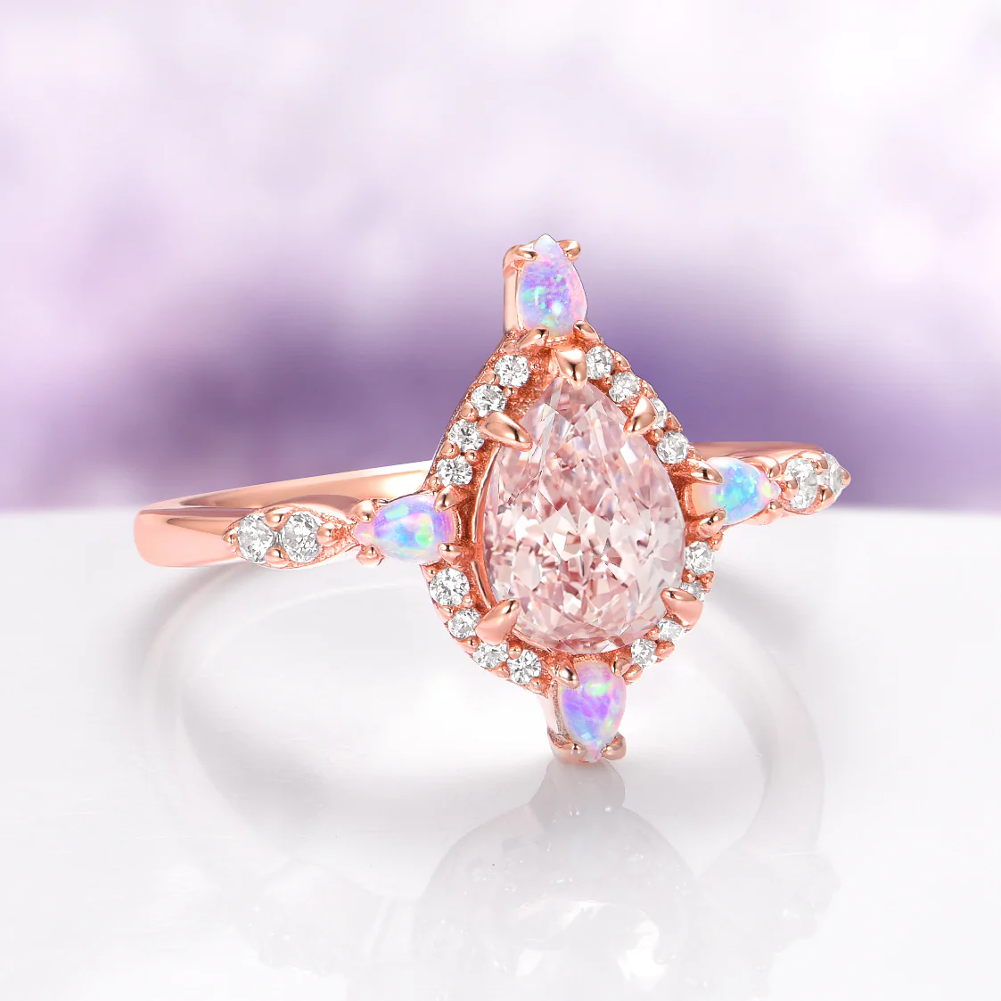 Teardrop Morganite & Fire Opal Engagement Ring in 14K Solid Rose Gold - Image 7