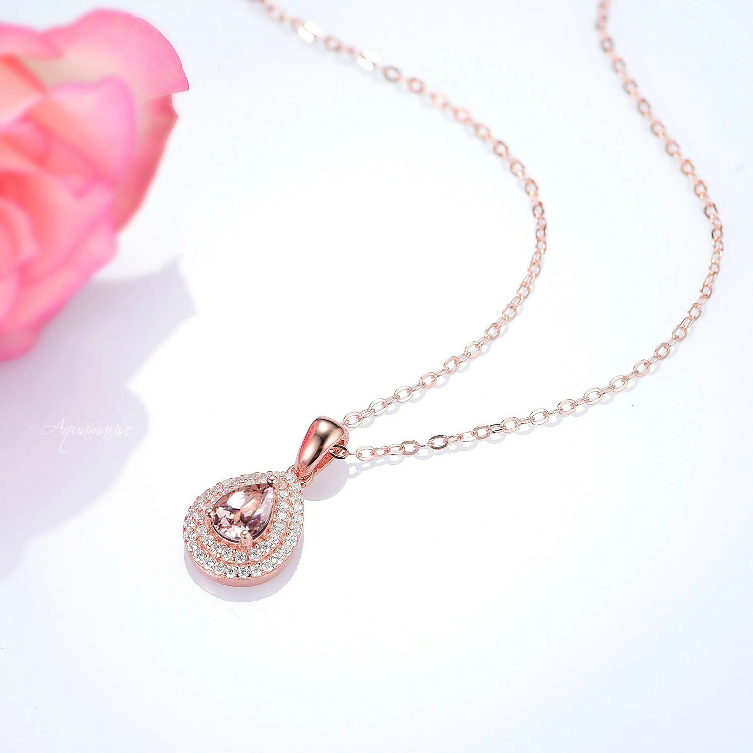Teardrop Morganite Pendant Necklace in 14K Rose Gold Vermeil - Image 4